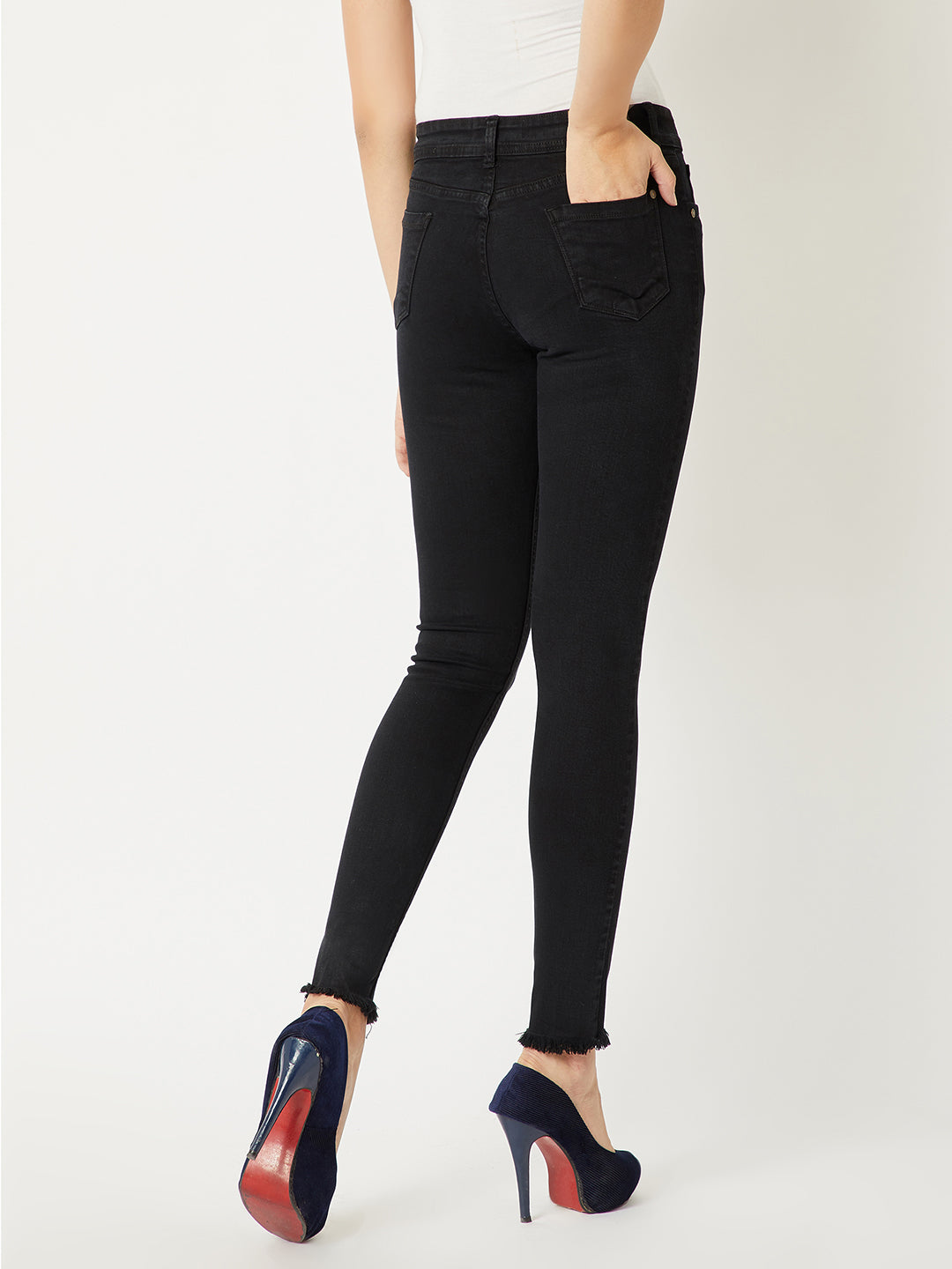 Women's Black Solid Skinny Knitted Twill Tape Detailing Regular Length High-Waist Jeggings