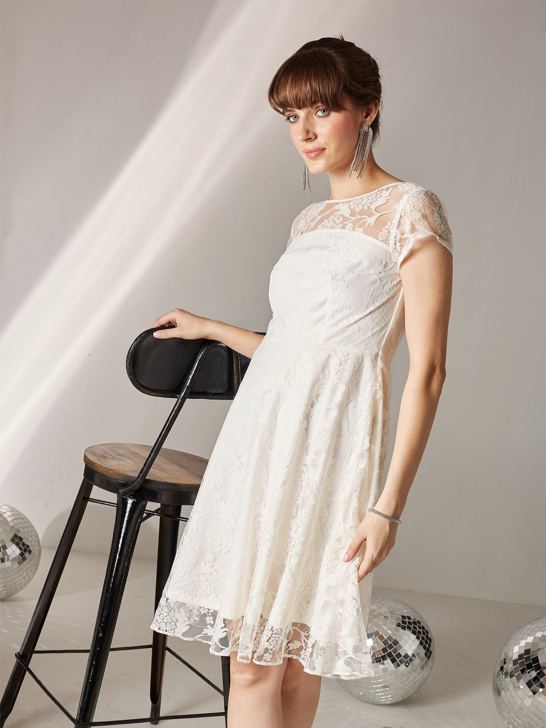 Off White Round Neck Cap Sleeve Self-Designed Skater Mini Dress for Women
