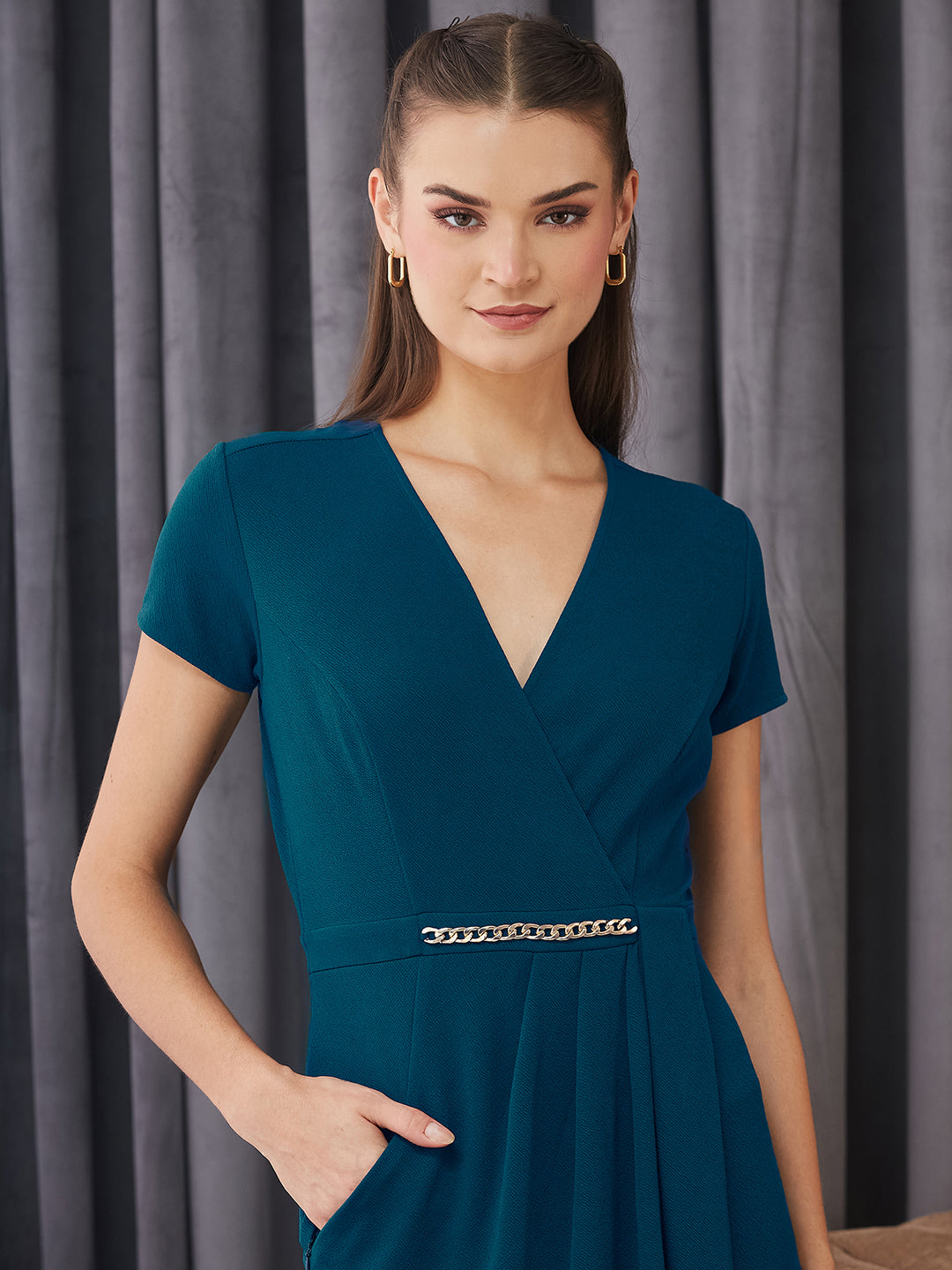 Women's Teal Wrap-Styled Short Sleeve Solid Pleated Knee-Long Dress