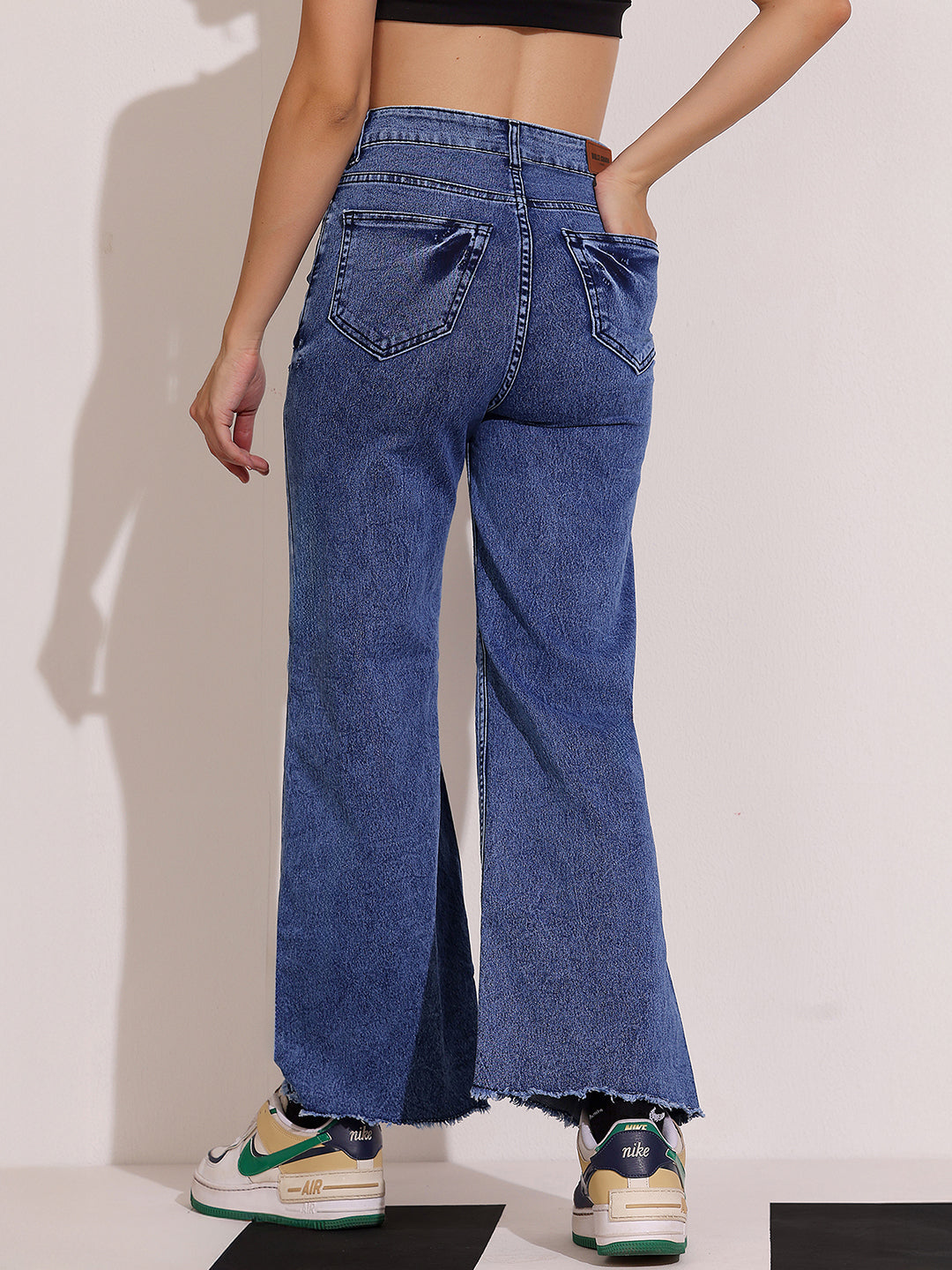 Women's Navy-Blue Wide Leg High-Rise Clean Look Regular Stretchable Denim Jeans