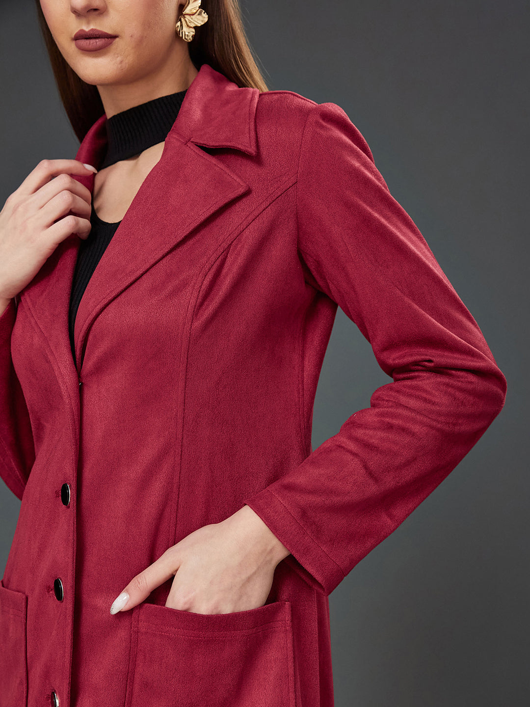 Women's Dark Red Solid V-Neck Full Sleeves Patched Pocketed Polyester Button Down Longline Winter Wear Blazer Jacket