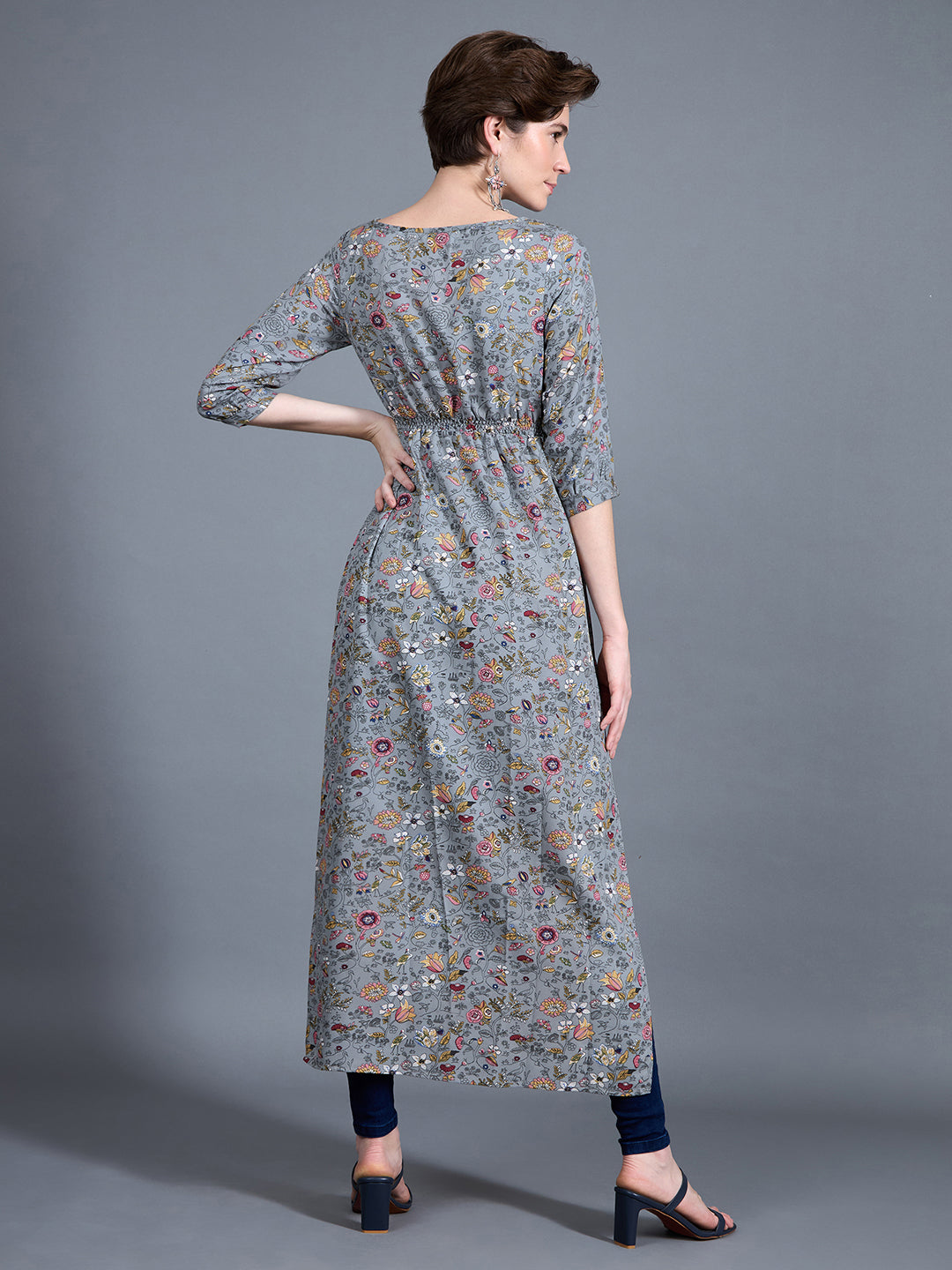 Women's Multicolored-Base-Grey Round neck 3/4th Sleeve Floral Elasticated Maxi Top