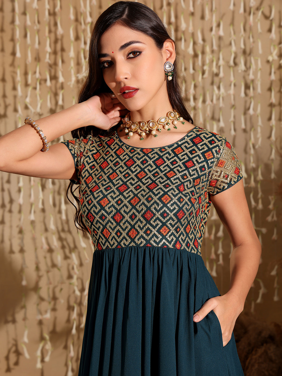 Women's Multicolored-Base-Teal Round Neck Short Sleeve Embroidered Fit and Flared Georgette Maxi Dress