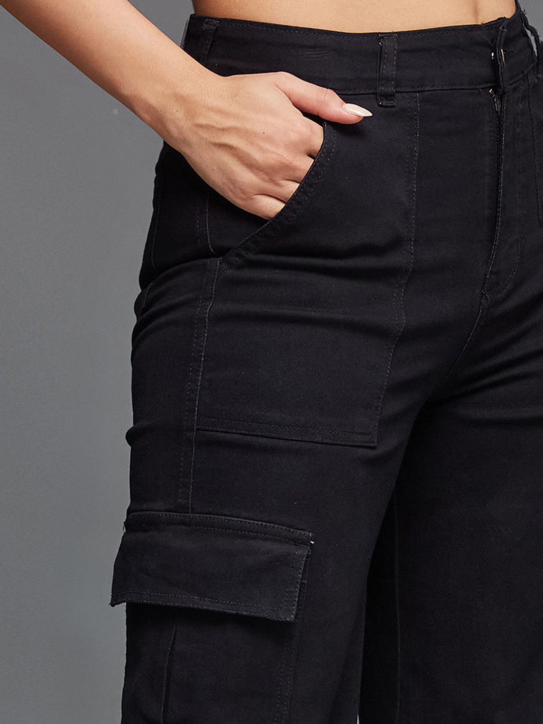 24/7 Comfort Black Wide-Leg High-Rise Stretchable Denim Cargo Jeans