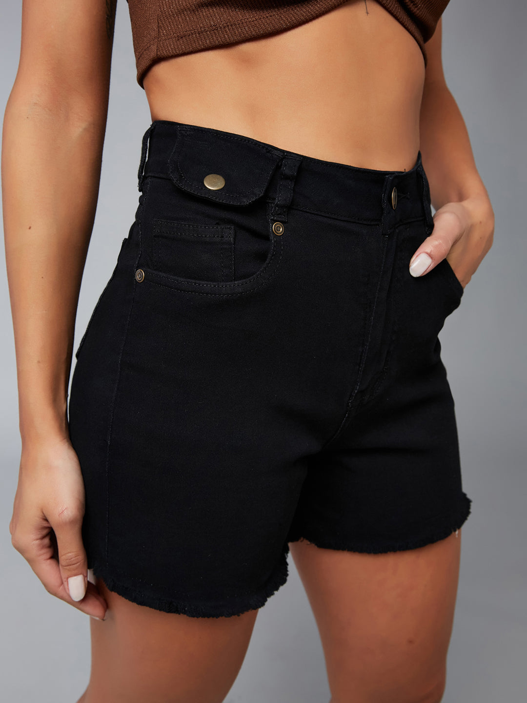 Women's Black Relaxed Fit High-Rise Stretchable Denim Shorts
