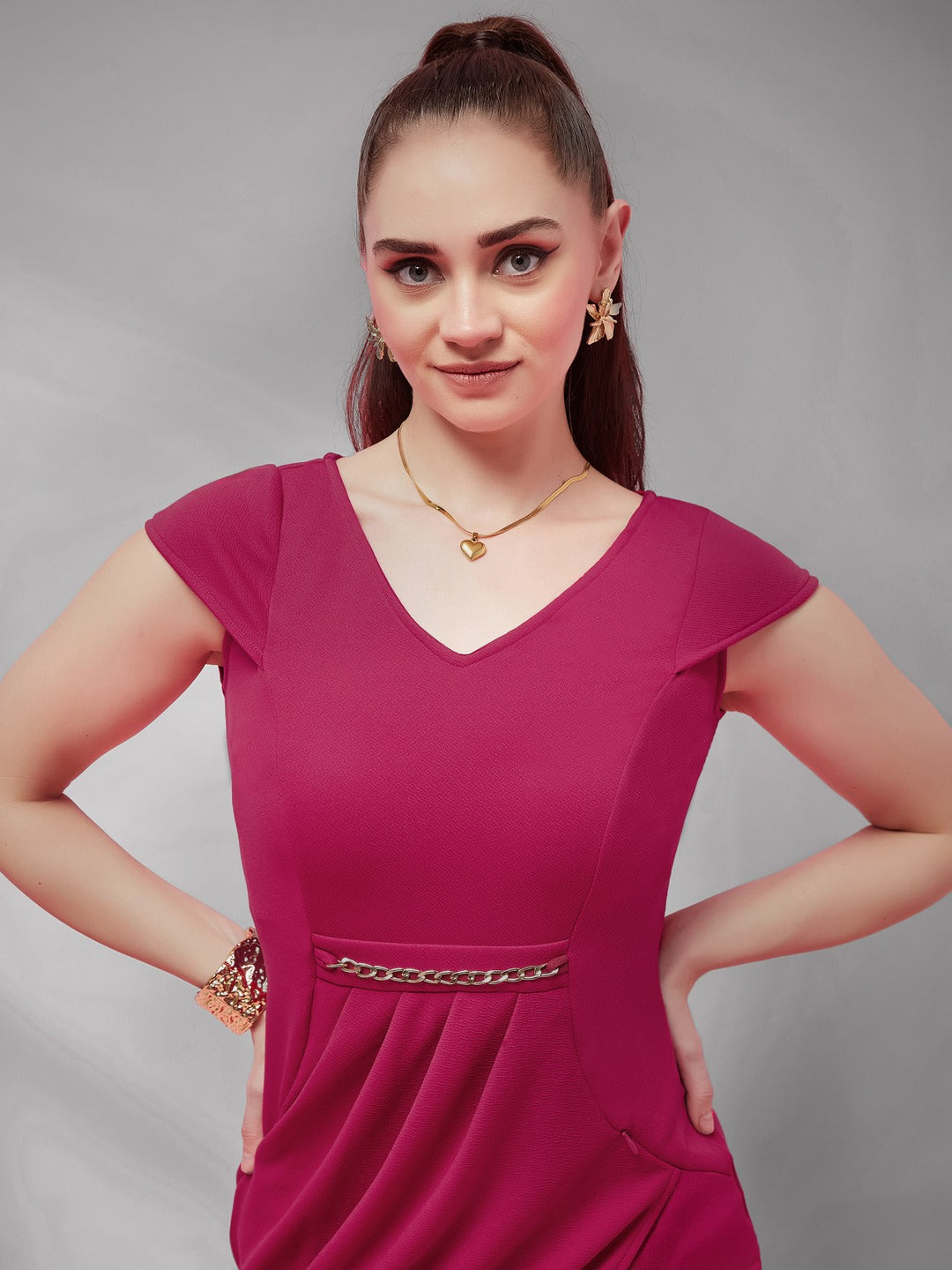 Pink Solid V Neck Cap Sleeves Polyester Side Pocketed Knee Long Dress for Women
