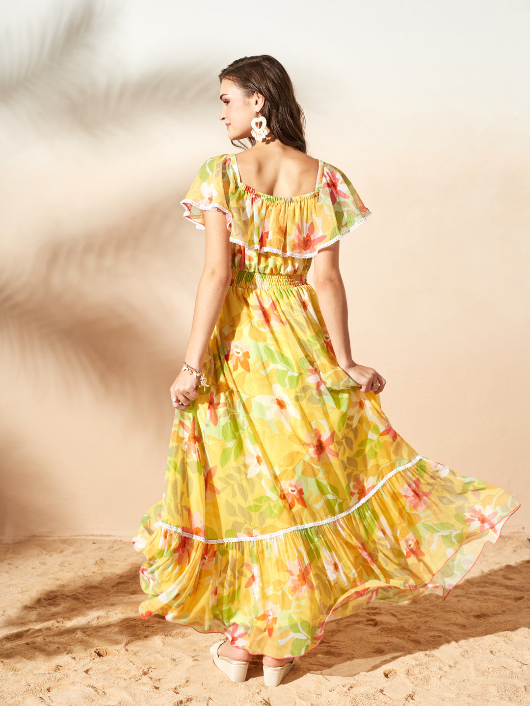 Butter Yellow Square Neck Cape Floral Tiered Maxi Chiffon Dress for Women — Miss Chase