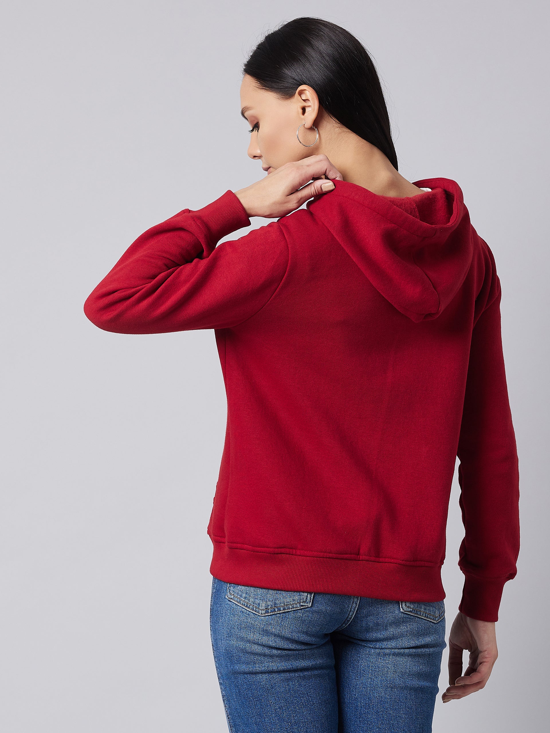 Women's Maroon Round Neck Full Sleeve Solid Hooded Regular Sweatshirt