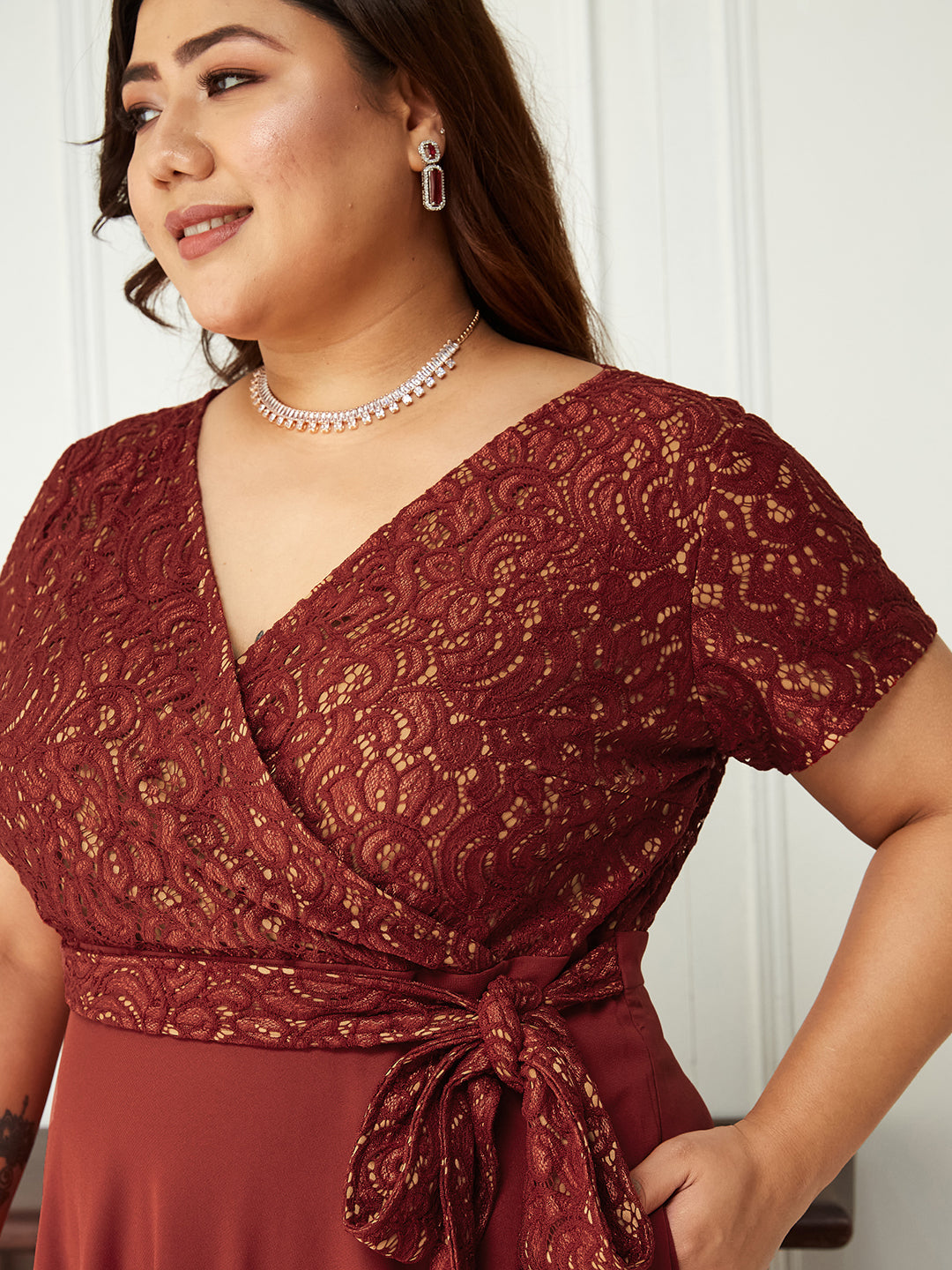 Brick Red Short Sleeves Wrap Fit and Flare Dress with Lace Belt for Women | Bridesmaids' Favourites