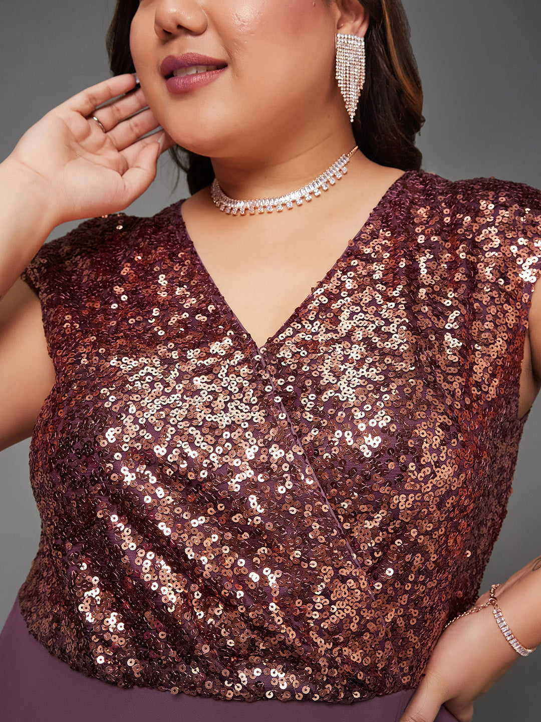 Mauve & Wine Sleeveless Fit and Flare Sequinned Maxi Dress Long Dress Frock for Women