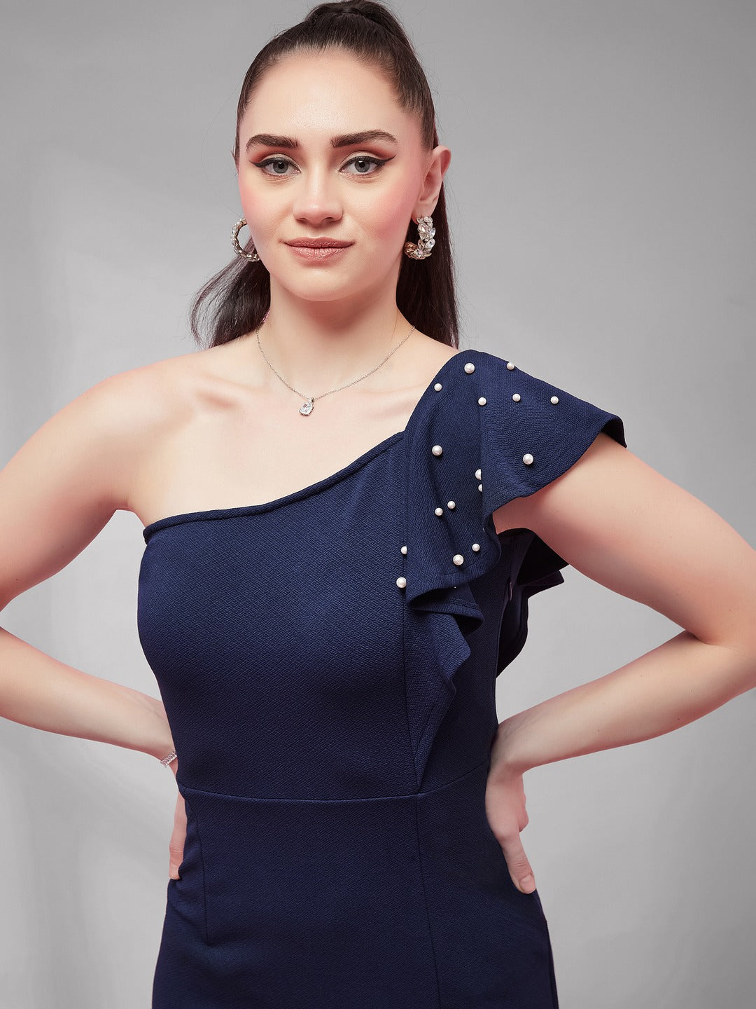 Navy Blue One-Shoulder Sleeveless Cotton Solid Ruffled Pearl And Slit Detailing Maxi Bodycon Dress for Women