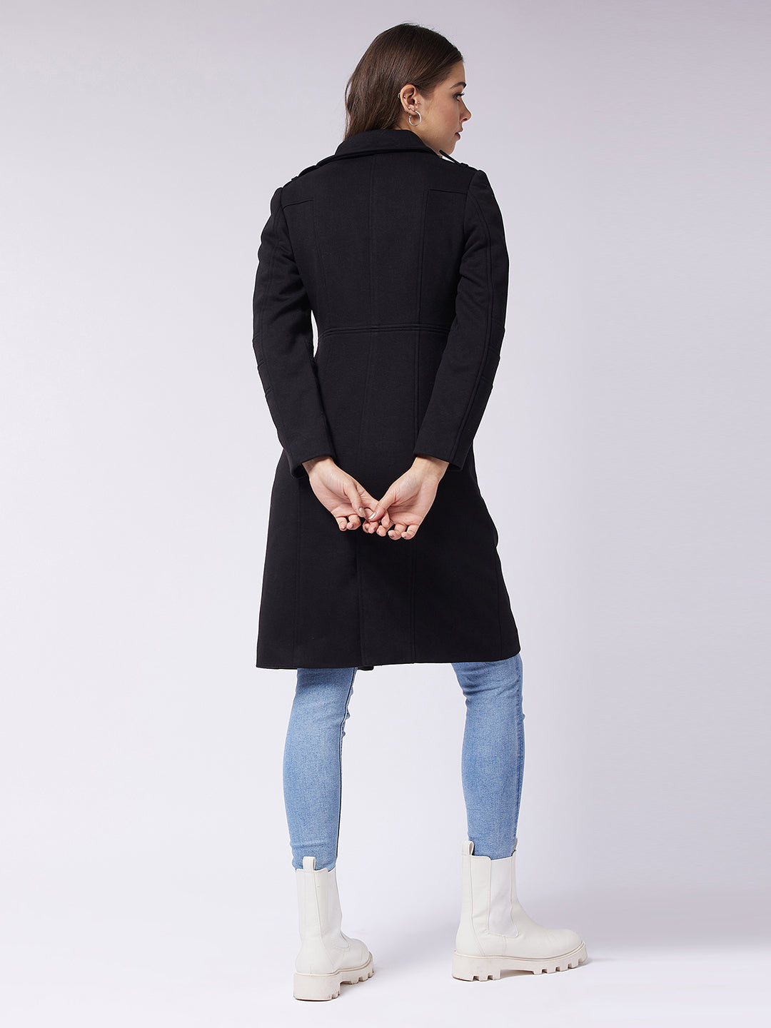 Women's Black Notch Collar Multi Panelled Full Sleeve Solid Double Breasted Knee Length Jacket