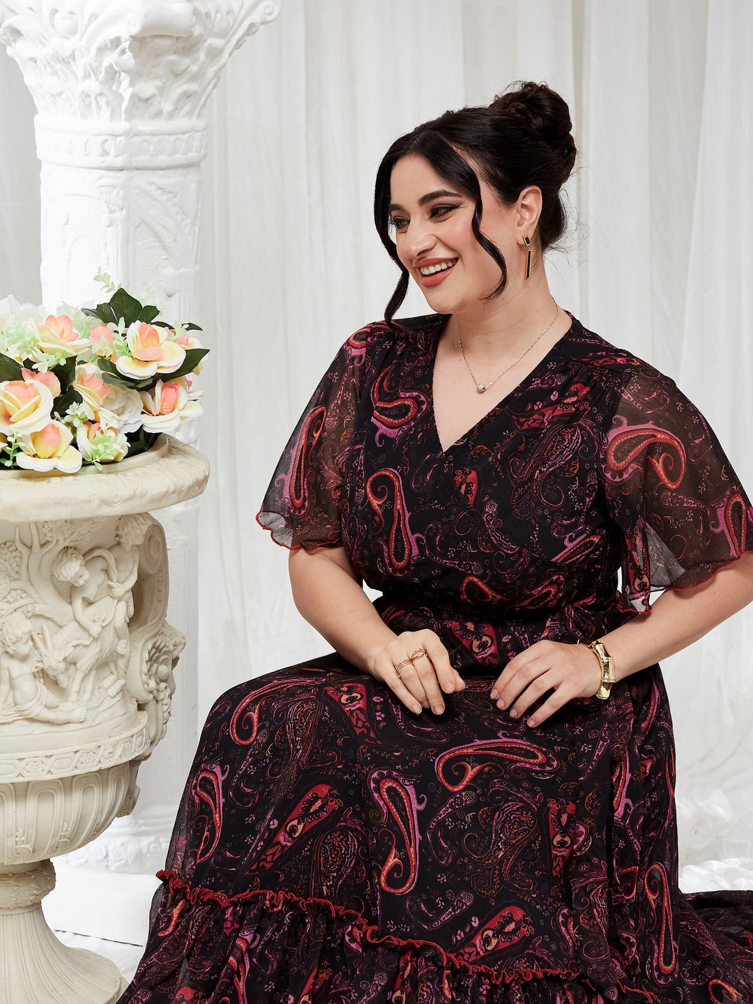 Black Bohemian V-Neck Flutter Sleeve Chiffon Relaxed Fit Wrap Maxi Dress for Women