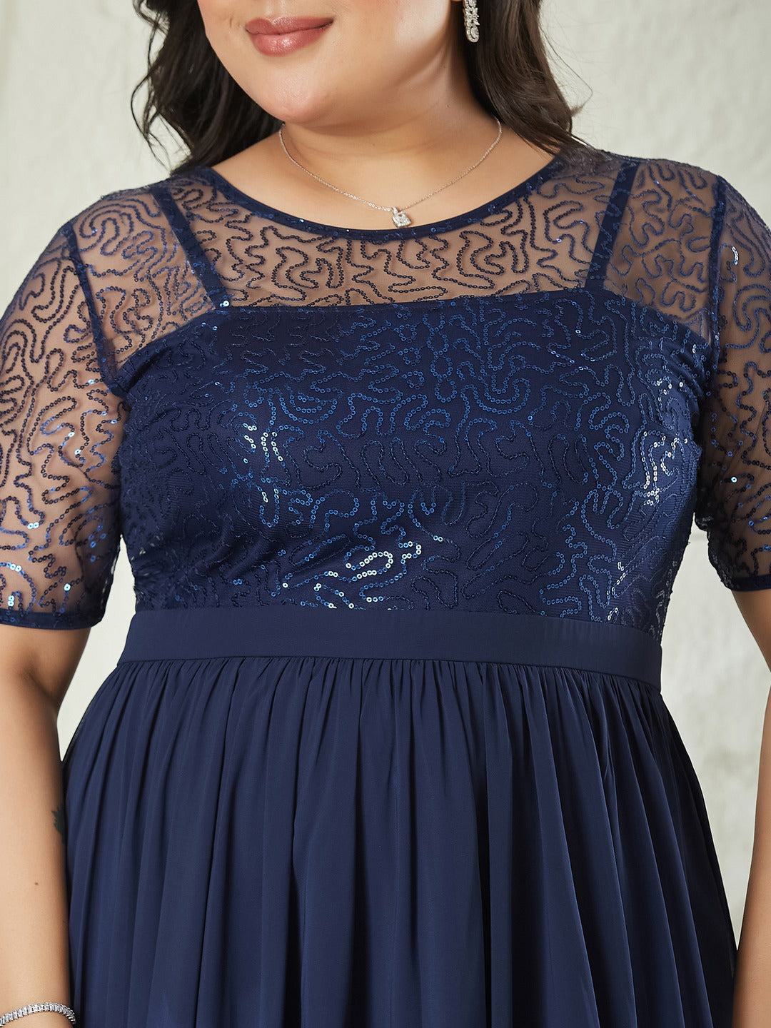 Navy Blue Relaxed Fit Maxi Georgette & Sequins Dress for Women