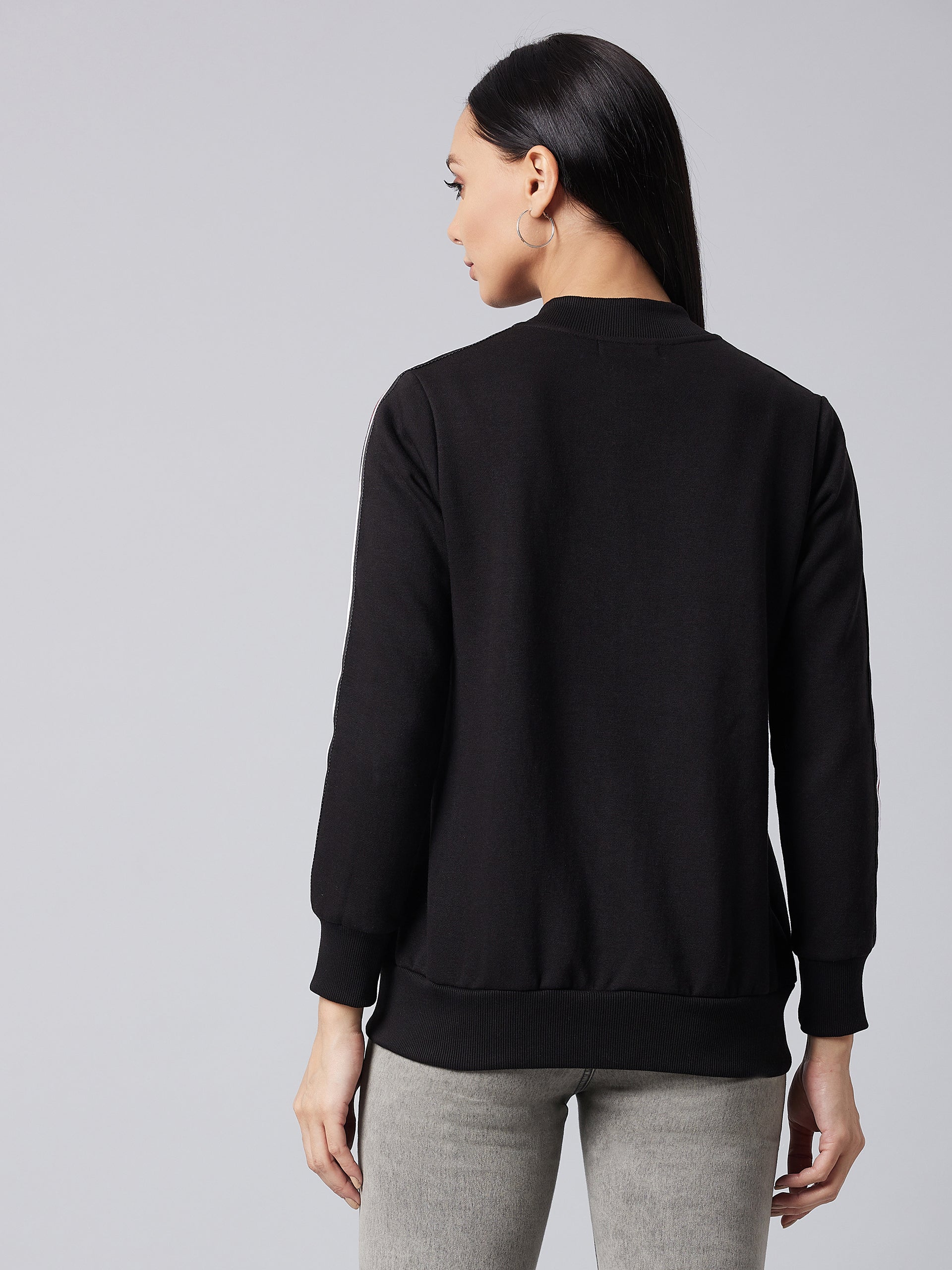 Women's Black V-Neck Full Sleeve Solid Bomber Regular Jacket