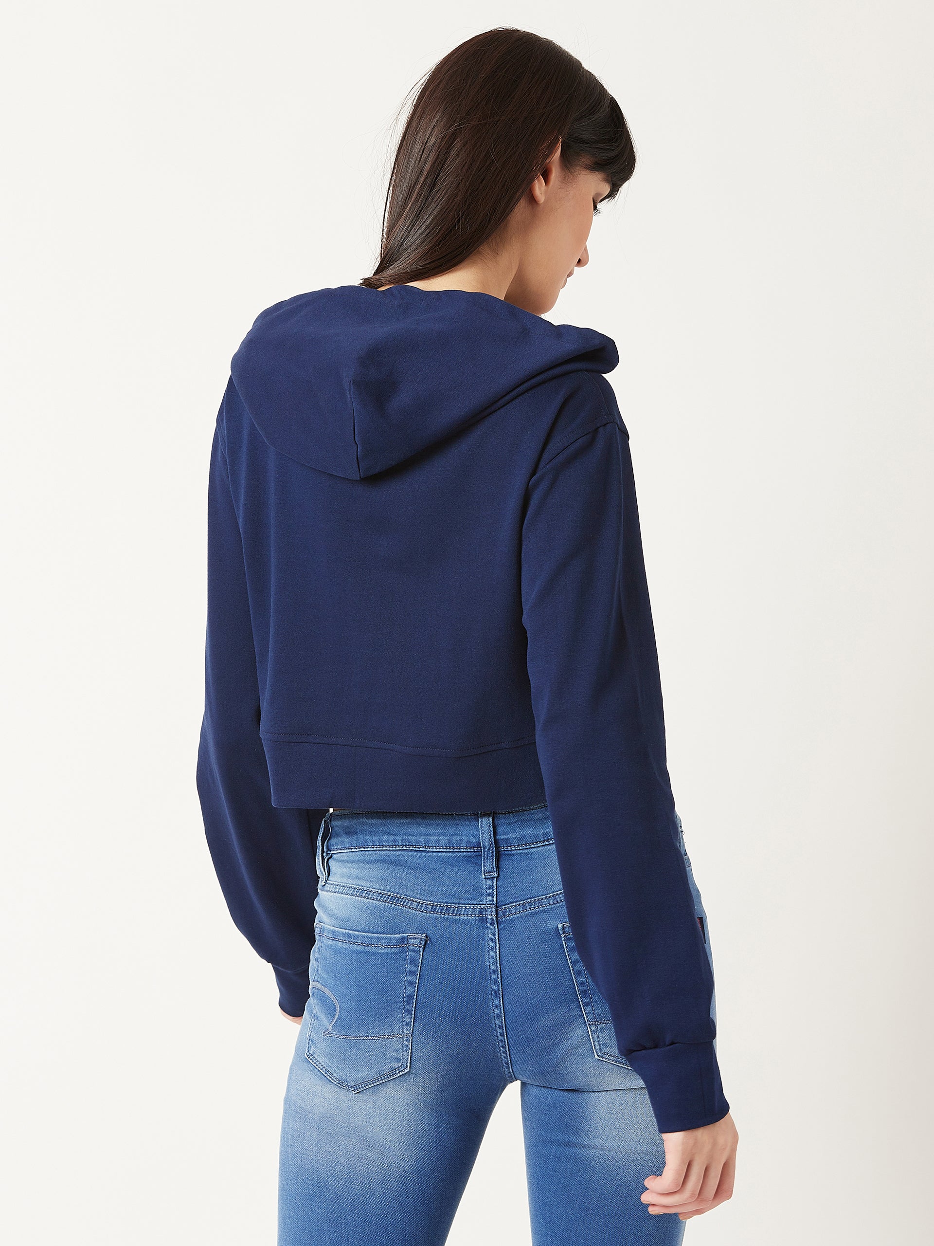 Women's Navy Blue Solid Round Neck Full Sleeve Hooded Boxy Crop Sweatshirt