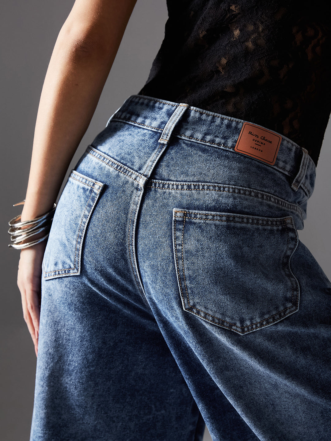 Women's Navy-Blue Wide-Leg High-Rise Highly-Distressed Regular-Length Denim Jeans