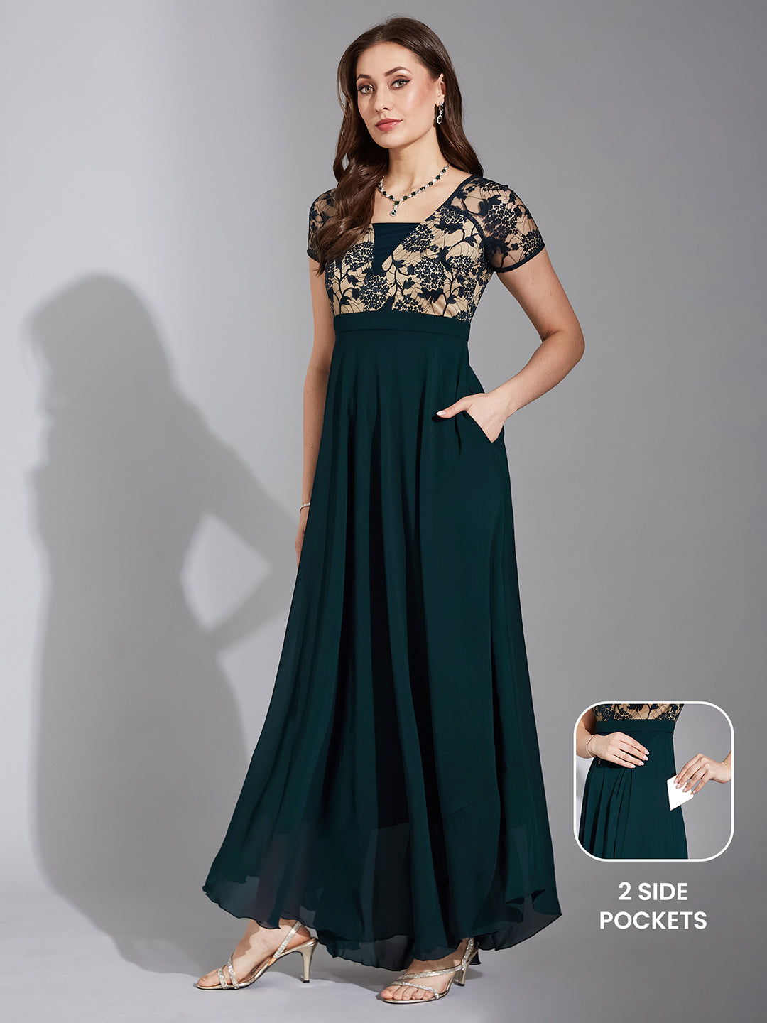 Women's Teal Square Neck Raglan Short Sleeve Self Design Lace Overlaid Georgette Maxi Dress