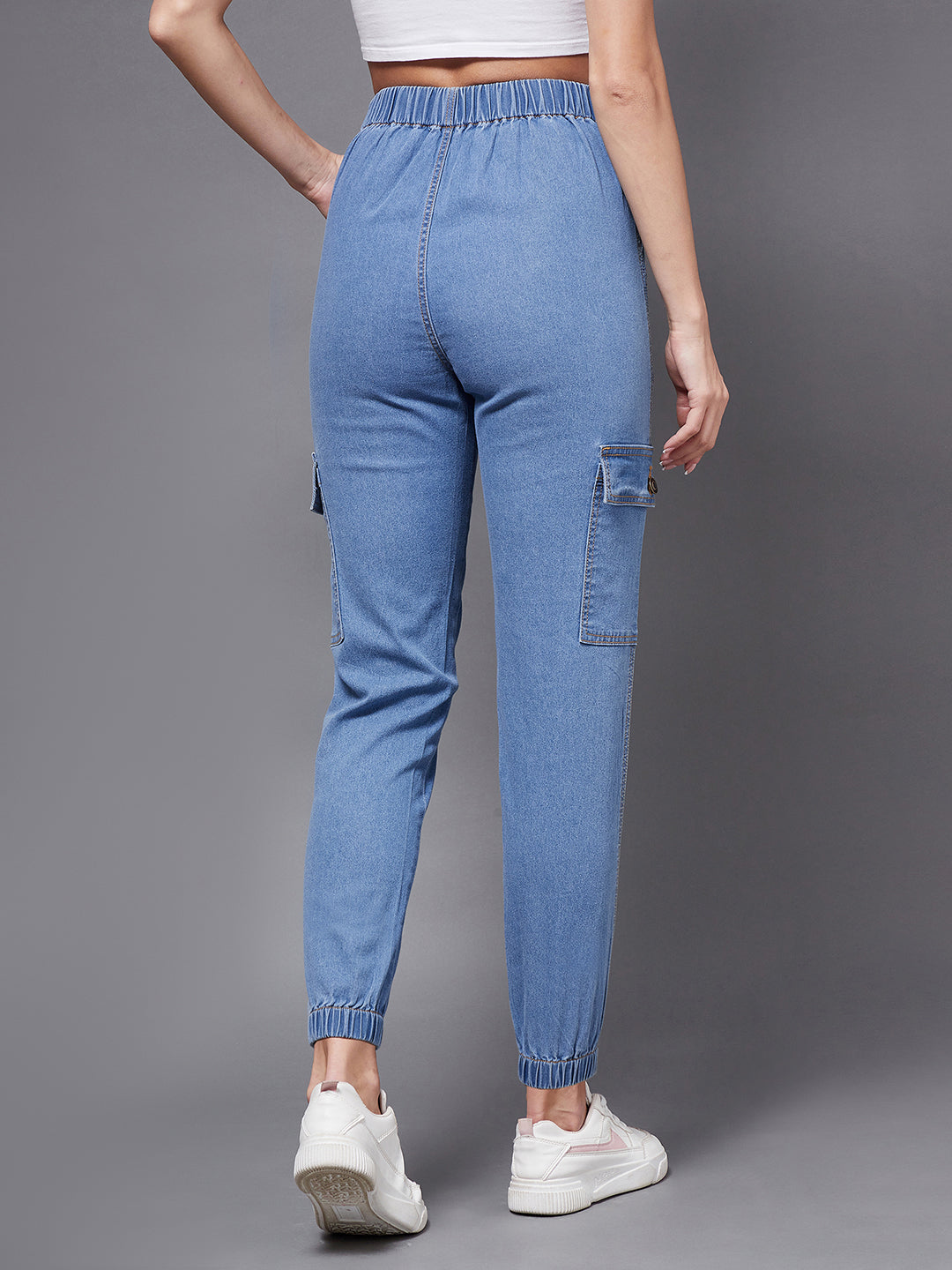 Women's Blue High-Rise Stretchable Denim Joggers
