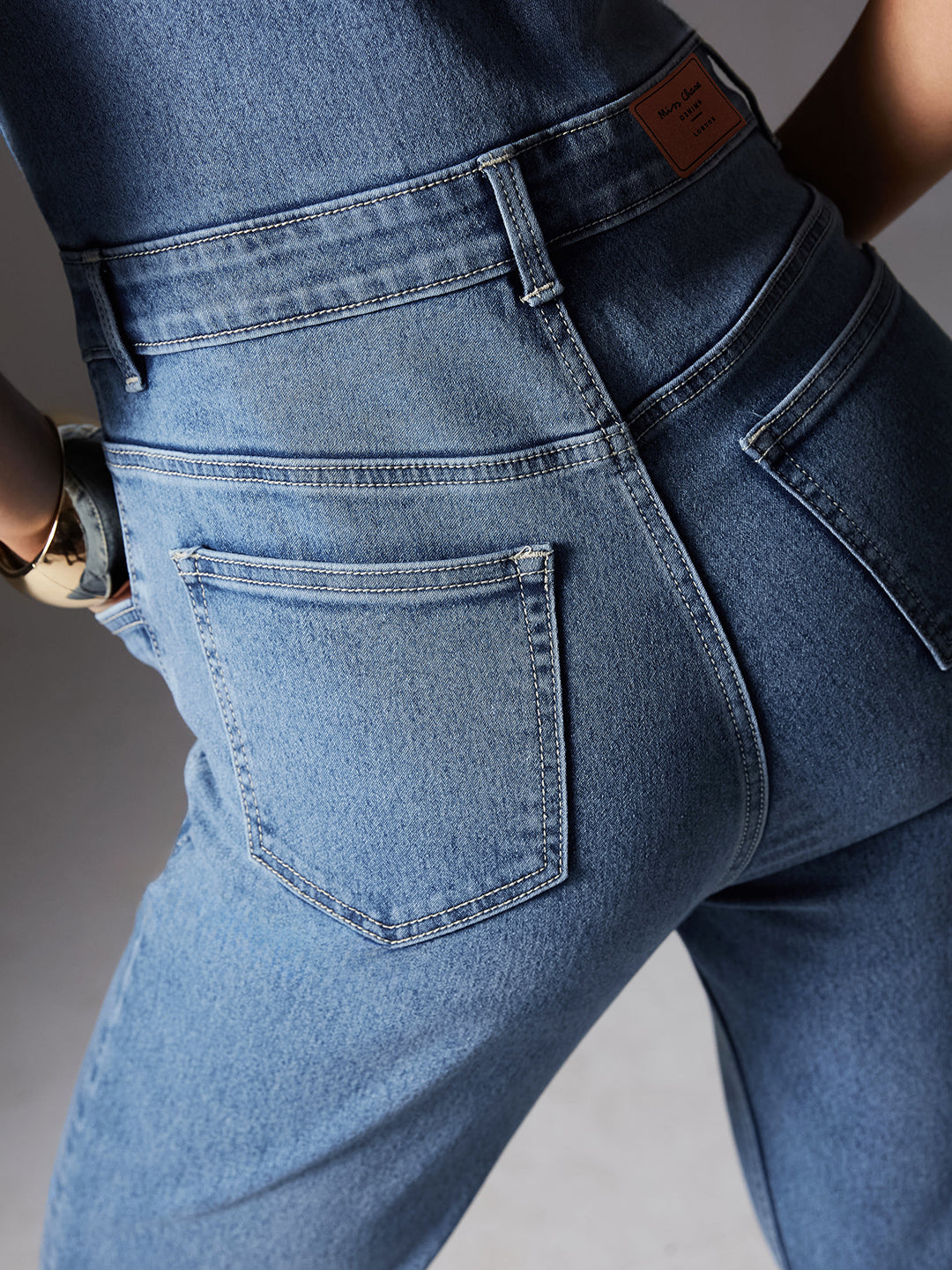24/7 Women's Blue flared High-Rise Regular Stretchable Denim Jumpsuit