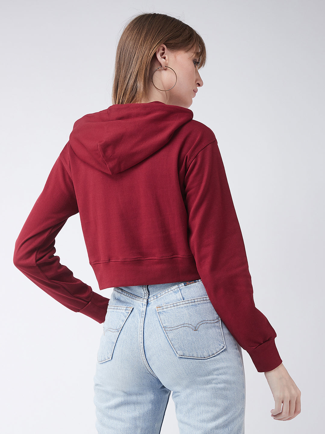 Maroon Solid Round Neck Full Sleeve Hooded Boxy Crop Zippered Sweatshirt for Women — Miss Chase