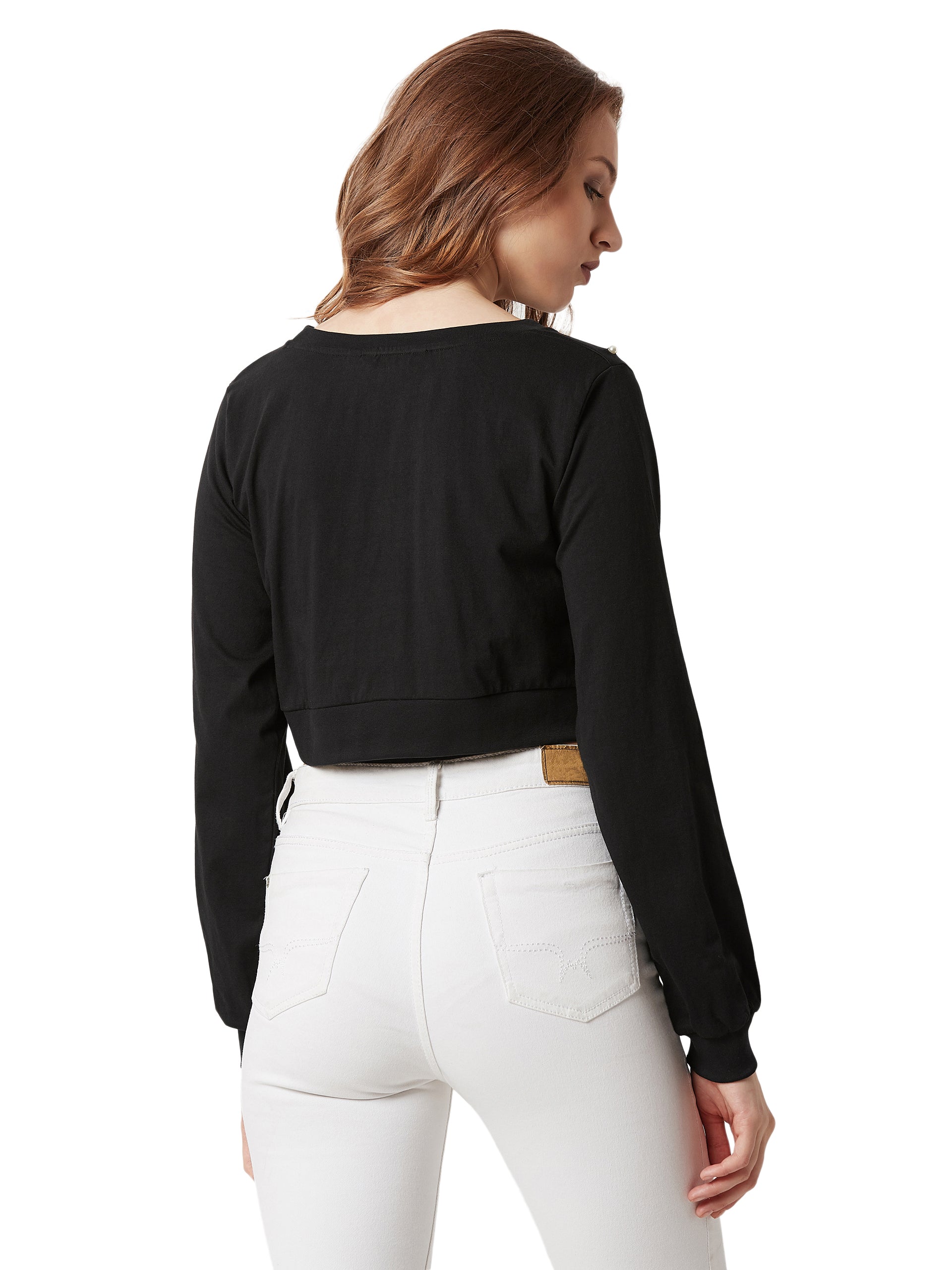 Women's Black Round Neck Full Sleeves Cotton Solid Boxy Pearl Detailing Crop Top