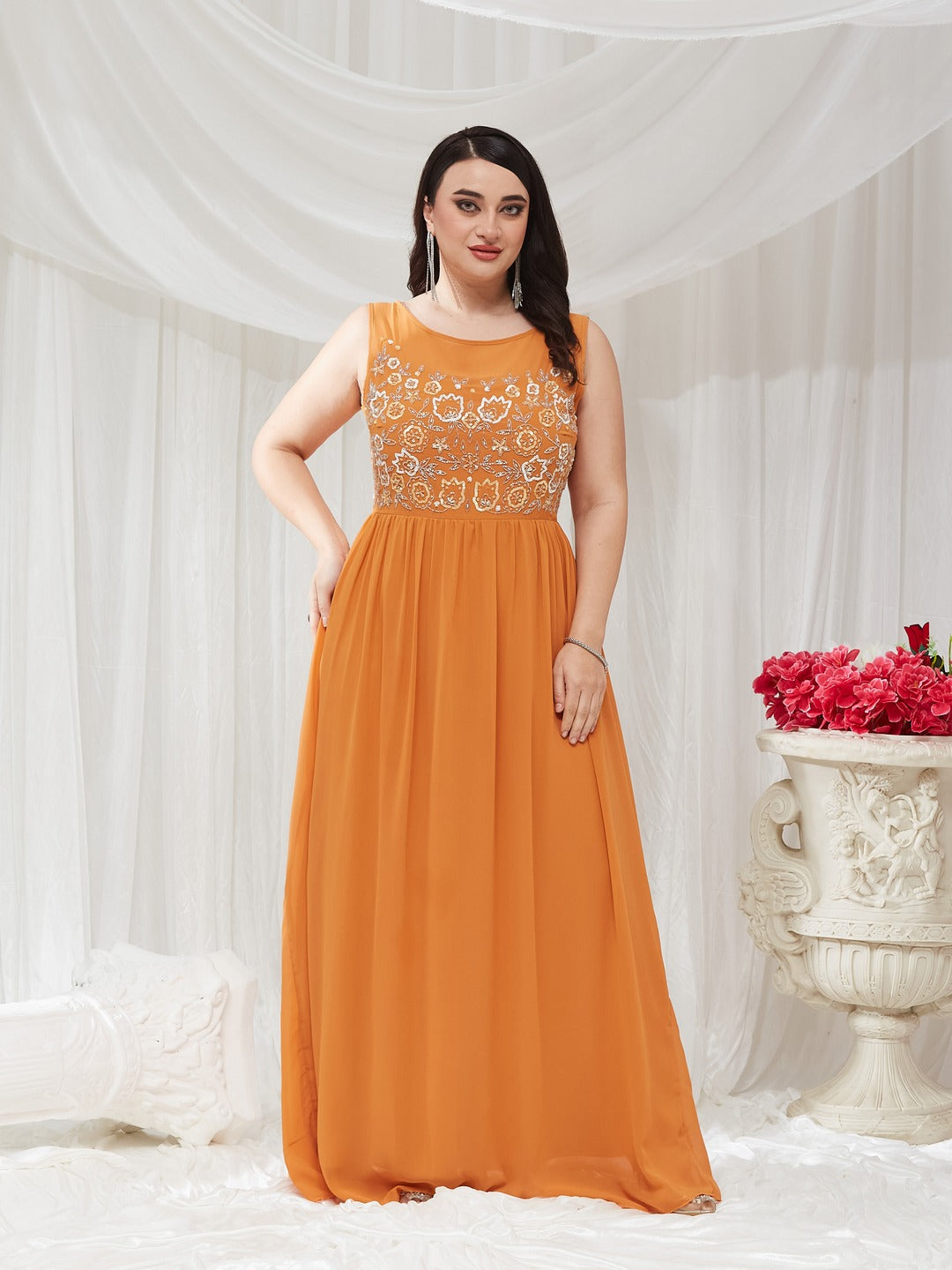 Dusty Orange Boat Neck Sleeveless Embroidered Georgette Gathered Maxi Dress for Women — Miss Chase A+