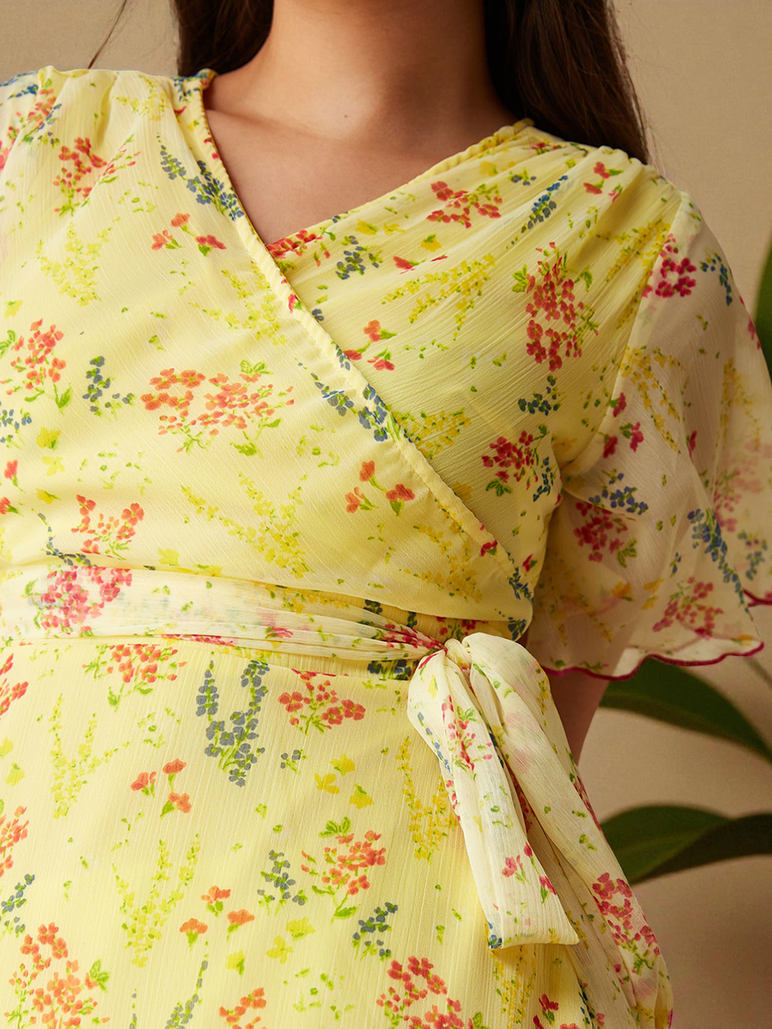 Multicolored-Base-Yellow V Neck Flared Sleeve Floral Wrap Maxi Dress for Girls/Teenagers for Women — Mizuki