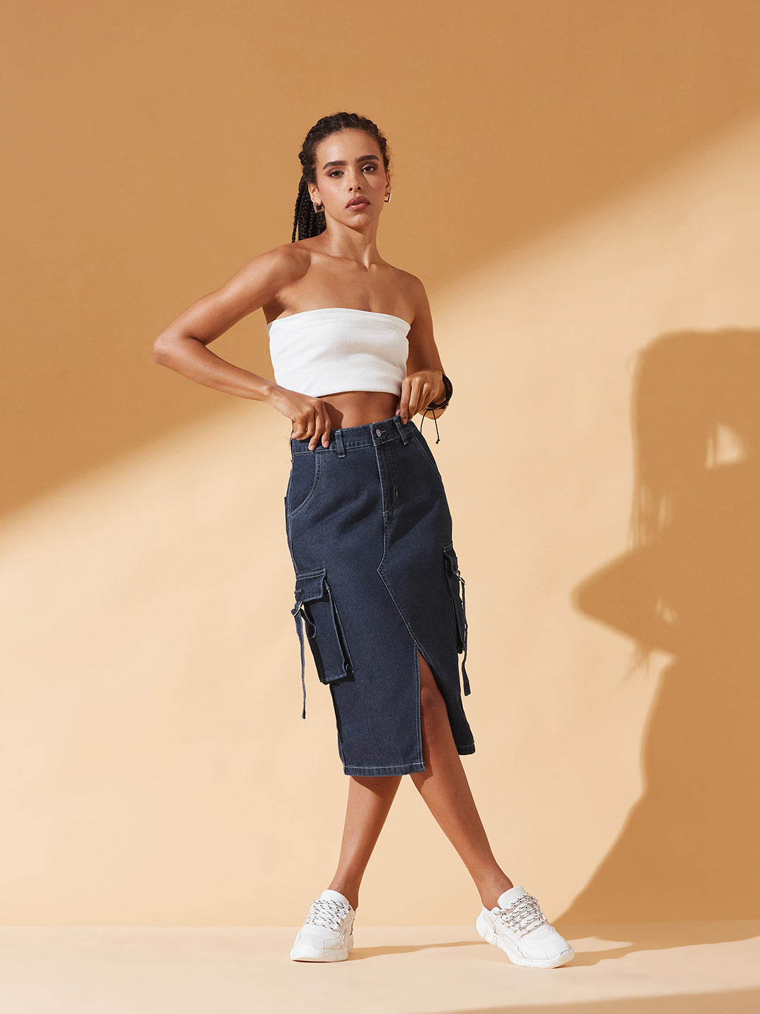 Navy Blue Straight High-Rise Midi Denim Skirt for Women