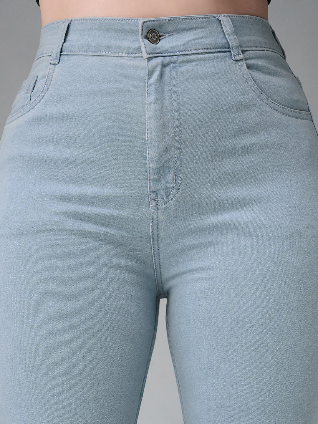 24/7 Comfort Light Blue Skinny Fringed Hemline Detailing High-Rise Cropped Solid Stretchable Denim Jeans