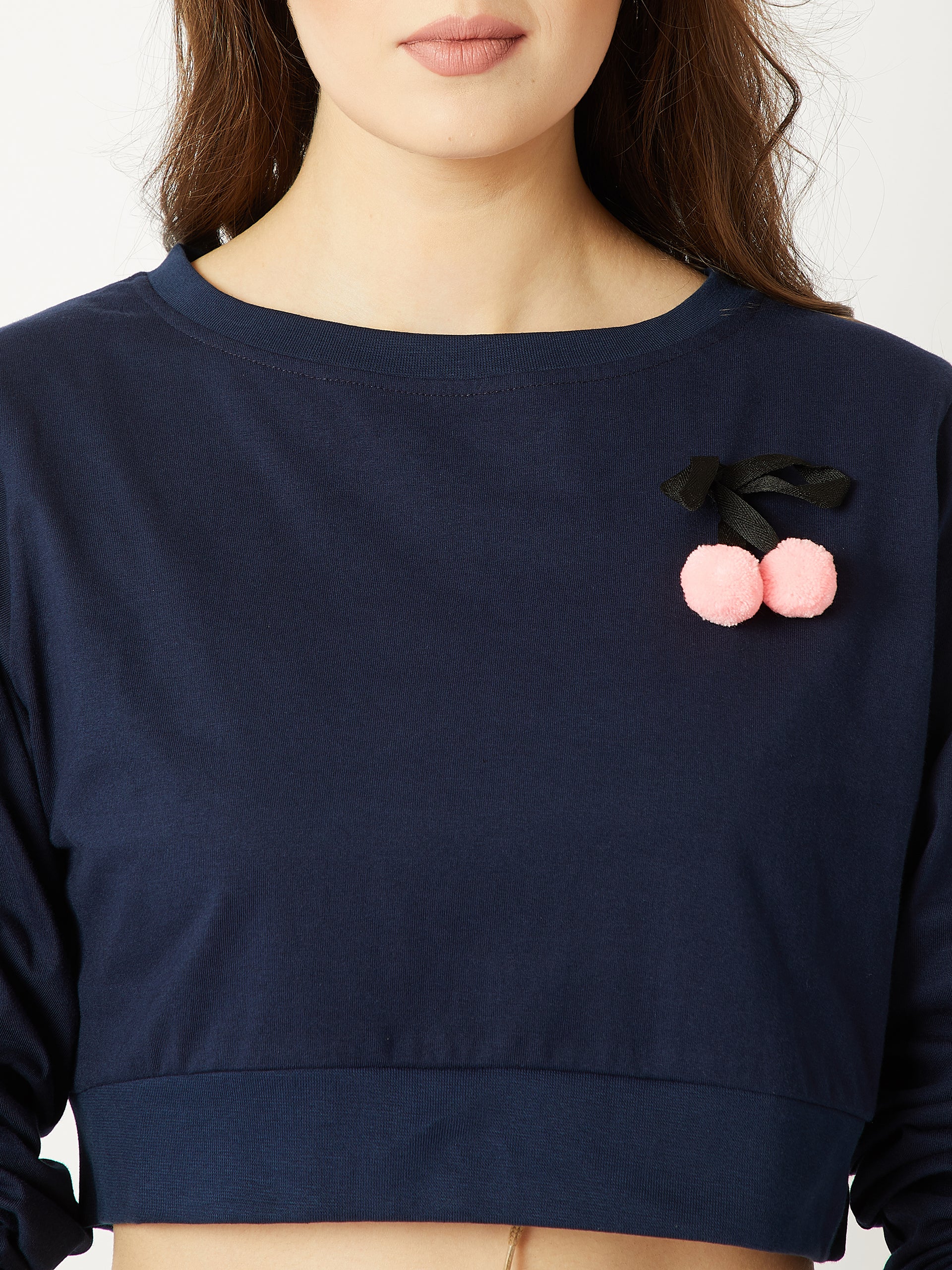 Women's Navy Blue Round Neck Full Sleeve Cotton Solid Pompom And Twill Tape Detailing Boxy Crop Top
