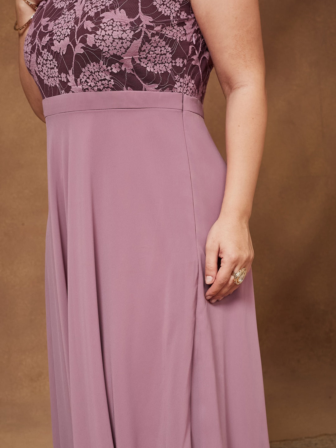 Lavender Round neck Sleeveless Solid Lace Overlaid Maxi Dress for Women — Miss Chase A+
