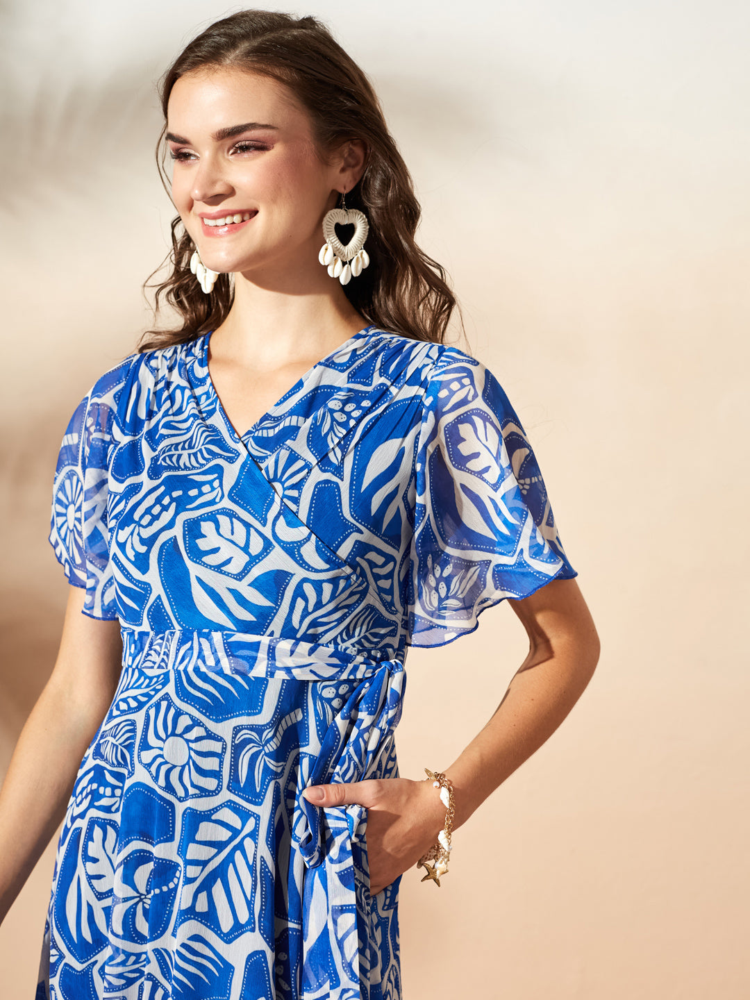 White & Blue Floral Printed Flutter Sleeves Maxi Dress for Women — Miss Chase