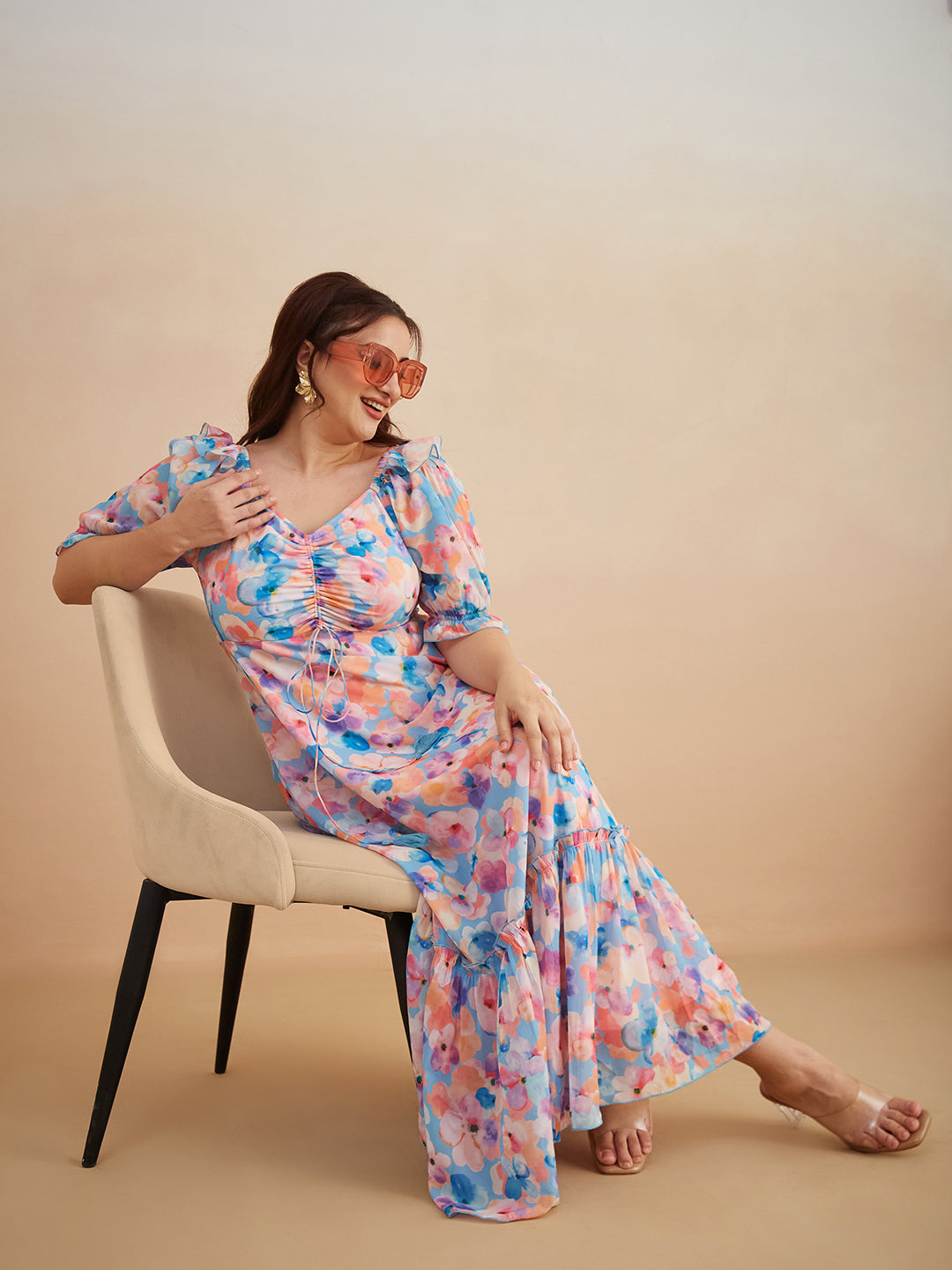 Multicolored-Base-Sky Blue V-Neck Puff Sleeve Floral Ruching Ankle-Length Dress for Women