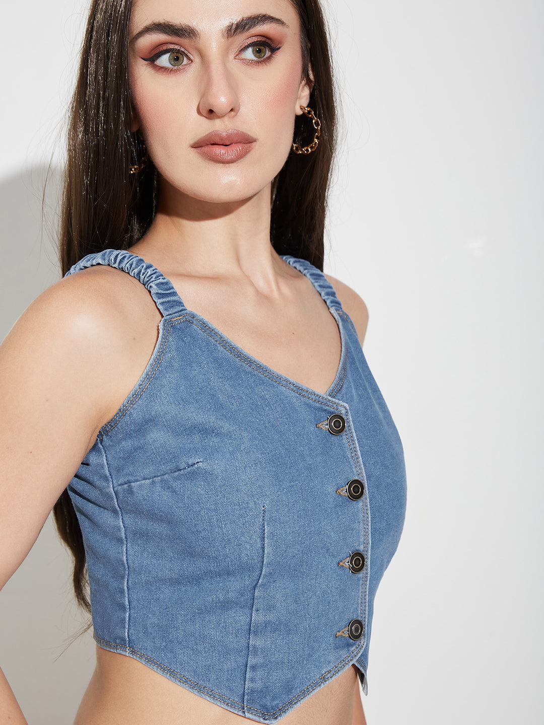Women's Mid Blue V-Neck Elasticated Straps Sleeve Solid Waistcoat-Styled Cropped Denim Top