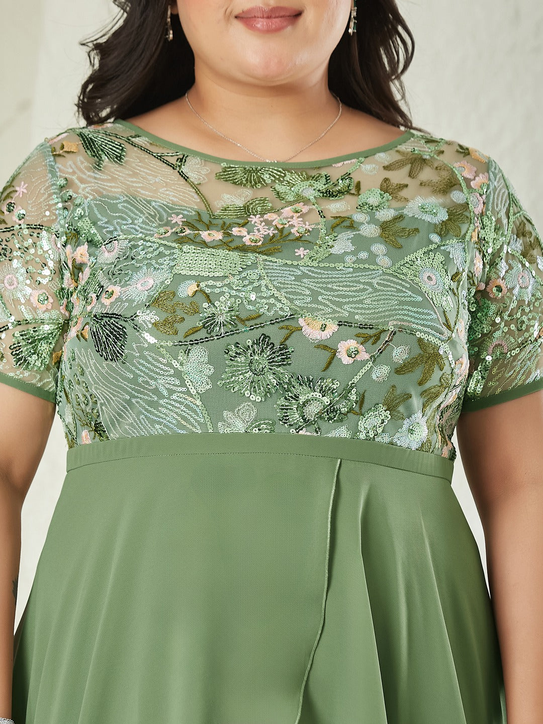 Light Green Embellished Layered Georgette Midi Dress for Women