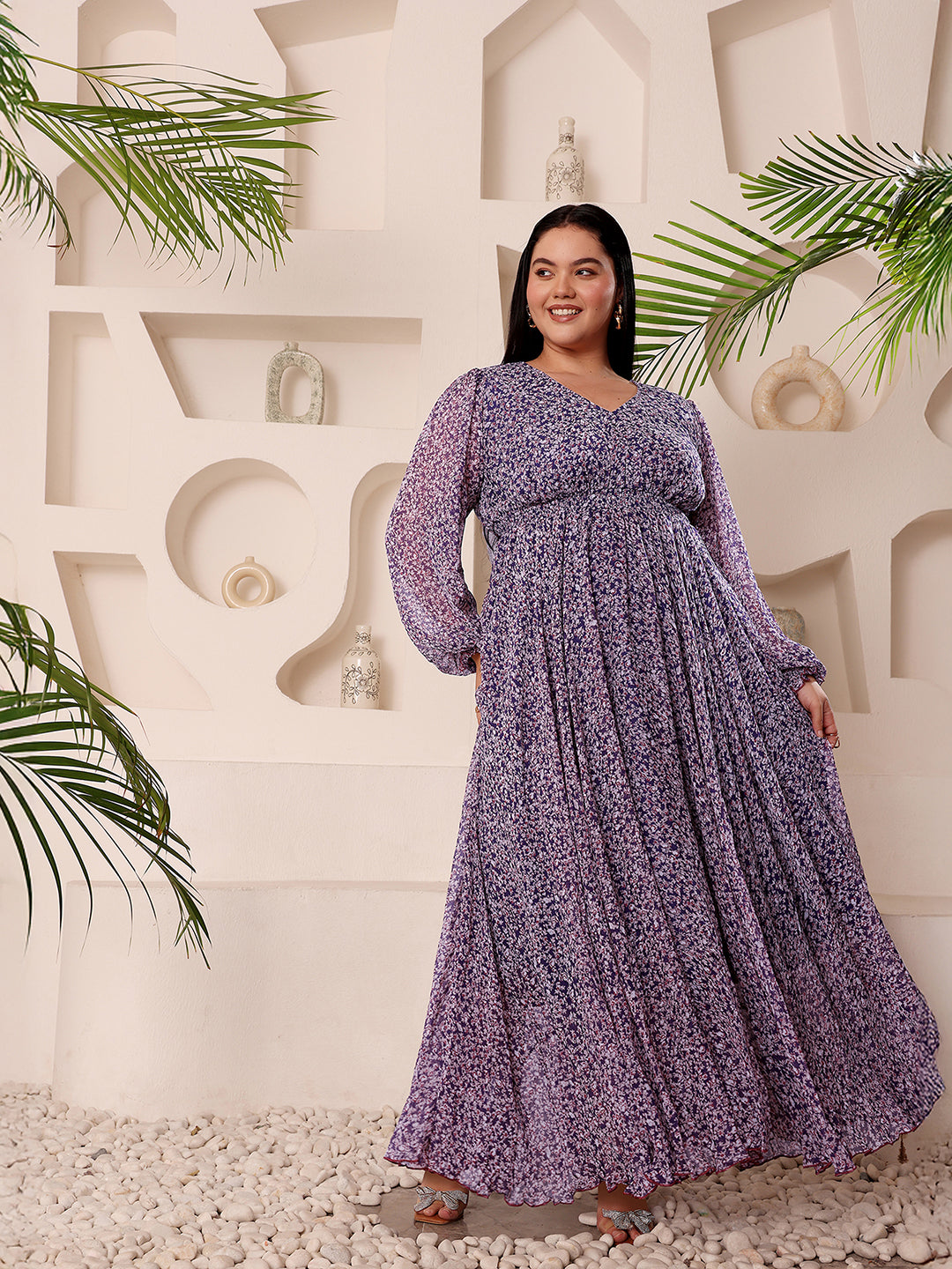 Body Bliss Multicolored-Base-Purple V-Neck Bishop Sleeve Floral Gathered Chiffon Maxi Dress