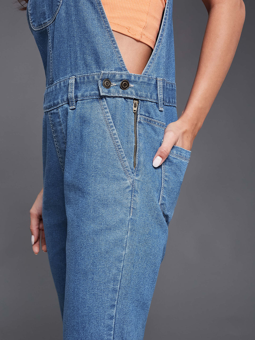 Women's Blue Regular Fit Mid Rise Regular Length Denim Dungaree