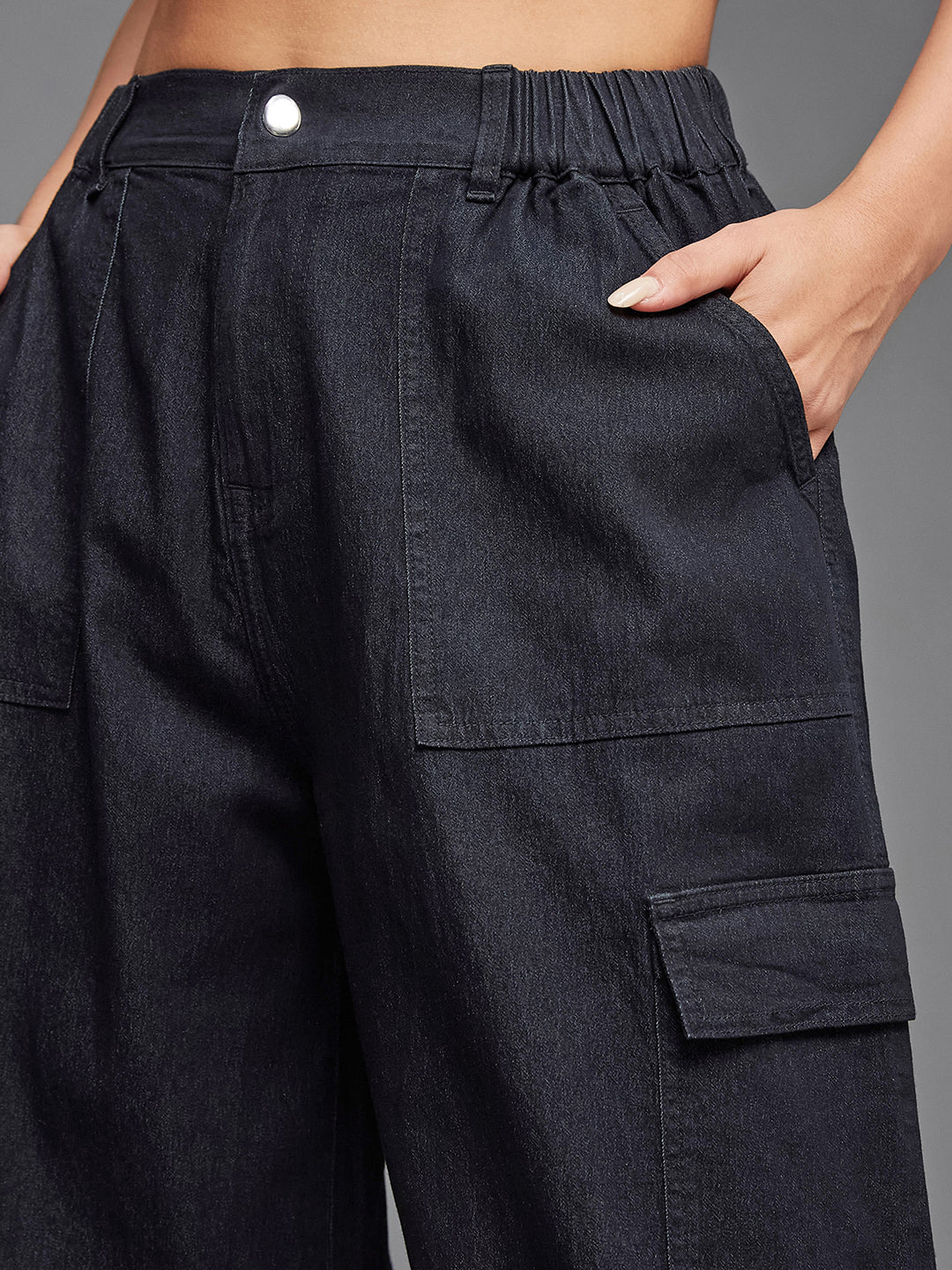 24/7 Comfort Black High-Rise Stretchable Light Weight Cotton Blend Denim Parachute Pants