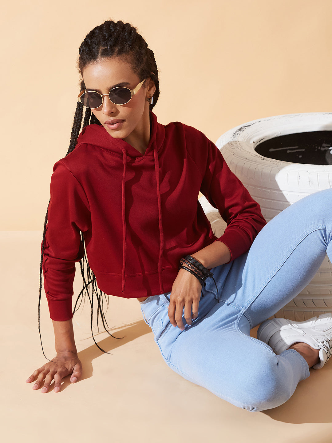 Maroon Solid Round Neck Full Sleeve Hooded Boxy Crop Sweatshirt for Women