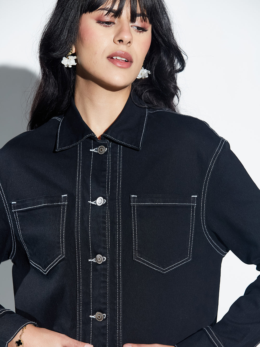 Black Shirt Collar Full Sleeve Panelled Contrast Stitch Oversized Denim Jacket for Women