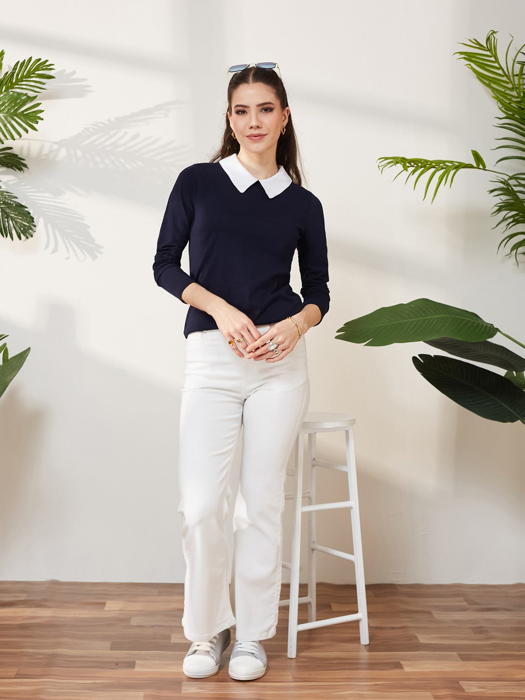 Navy Blue Collared Round Neck Full Sleeve Cotton Solid Buttoned Top for Women