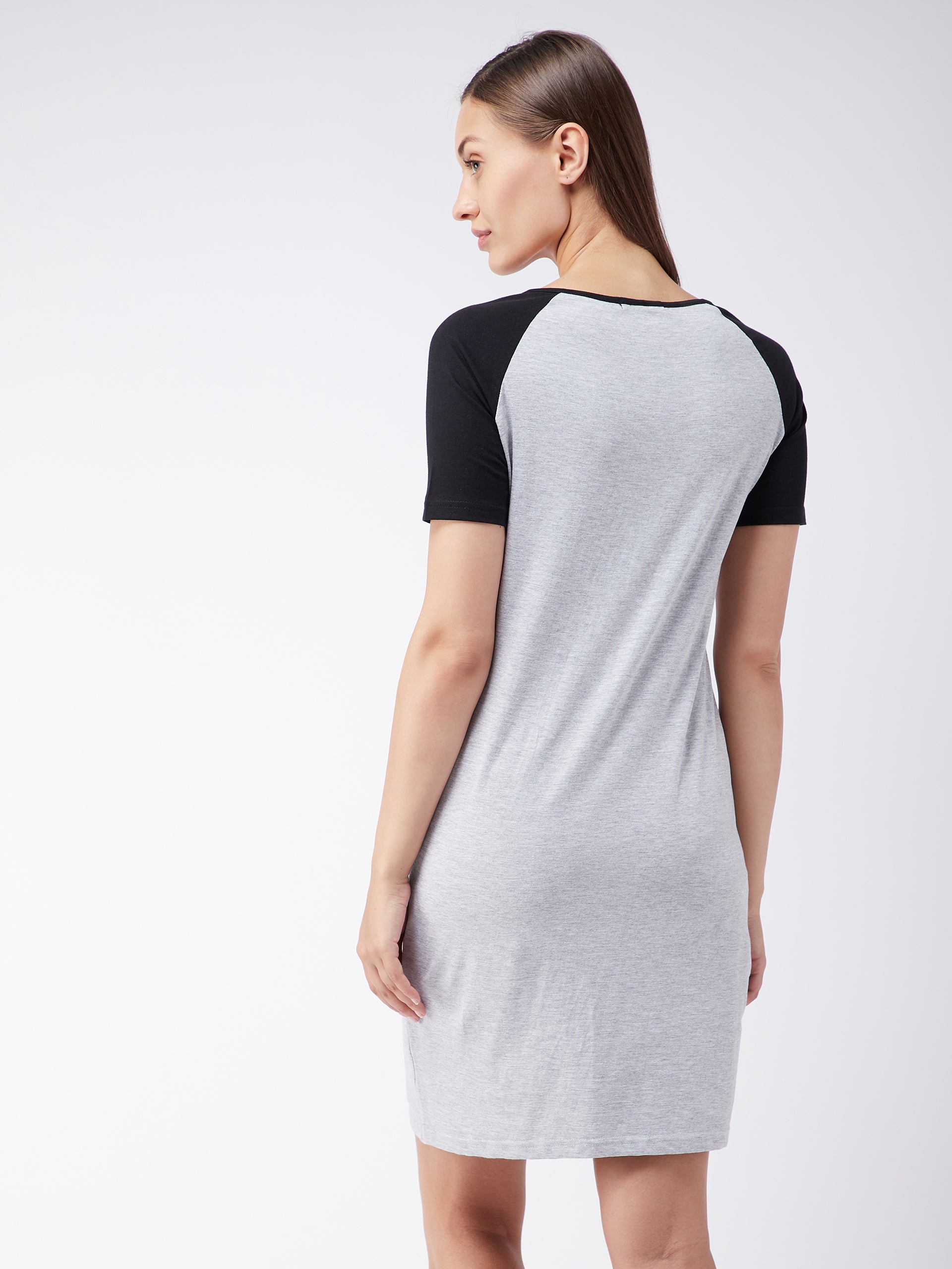 Women's Gray Cotton Solid Knee-Length Round Neck Short Sleeves Loungewear Dress