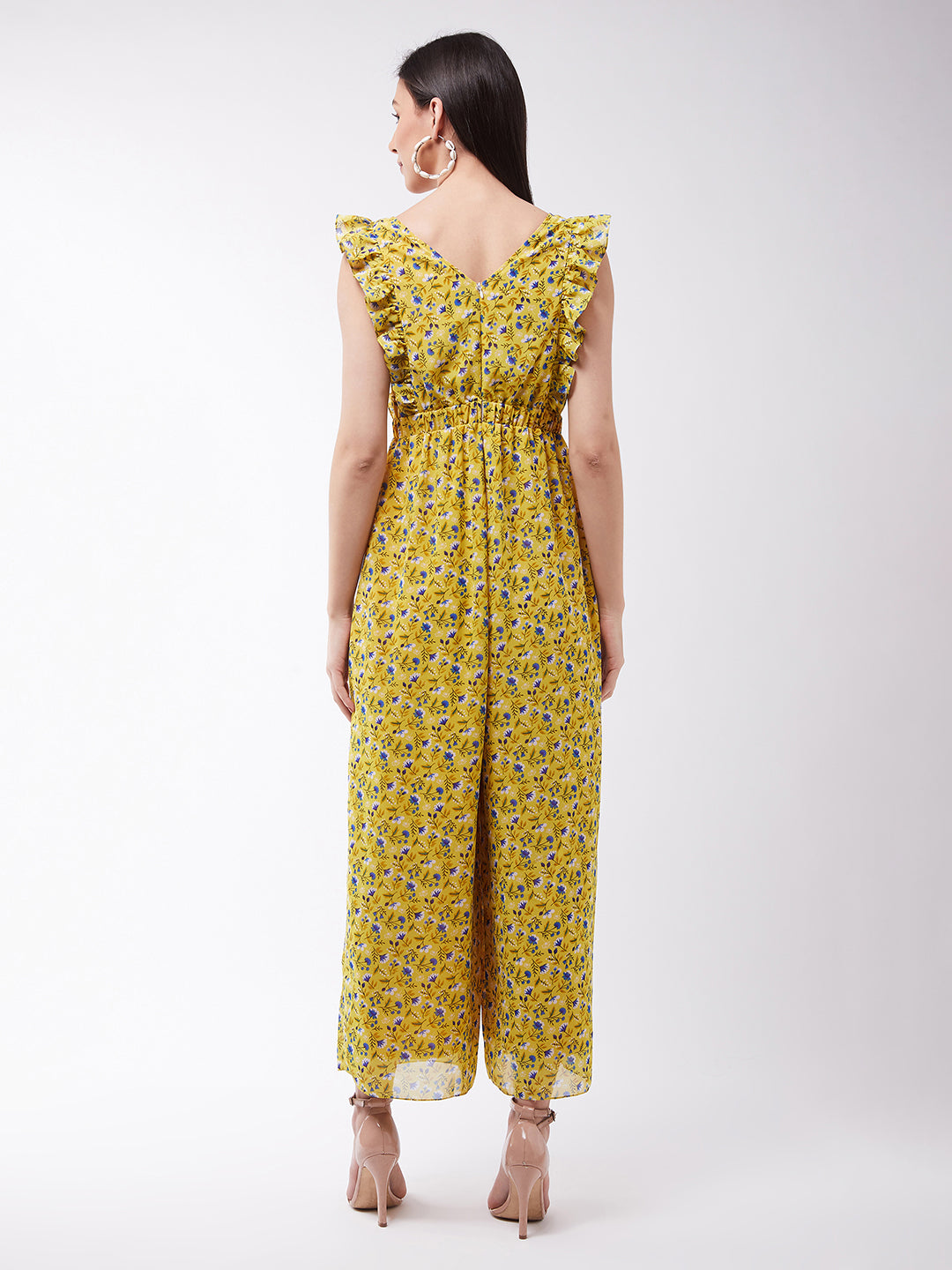 Women's Multicolored-Base-Yellow Round neck Sleeveless Floral Wide-Leg Regular Jumpsuit