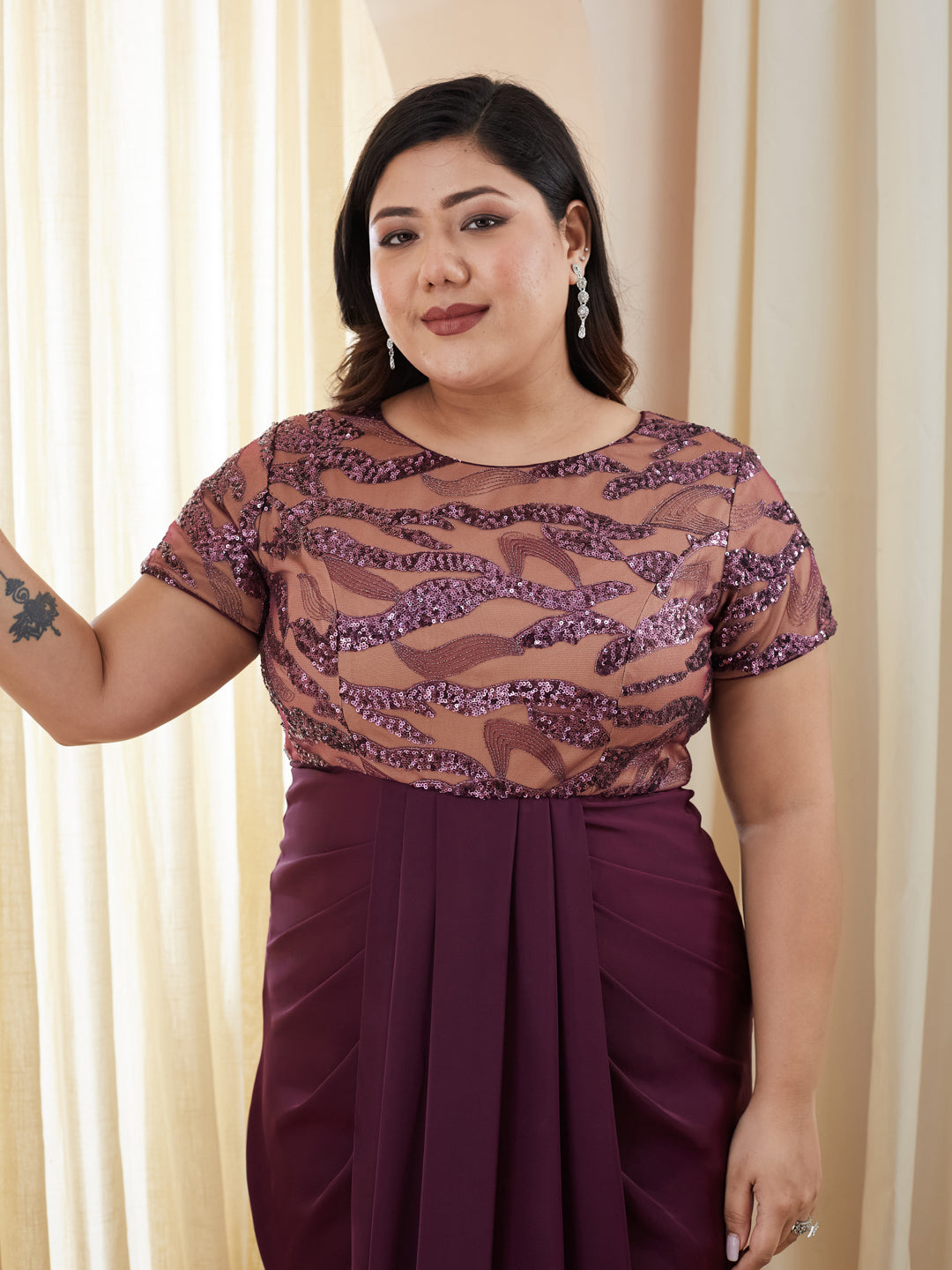 Purple Pleated Satin Gown with Round Neck & Embellishments for Women