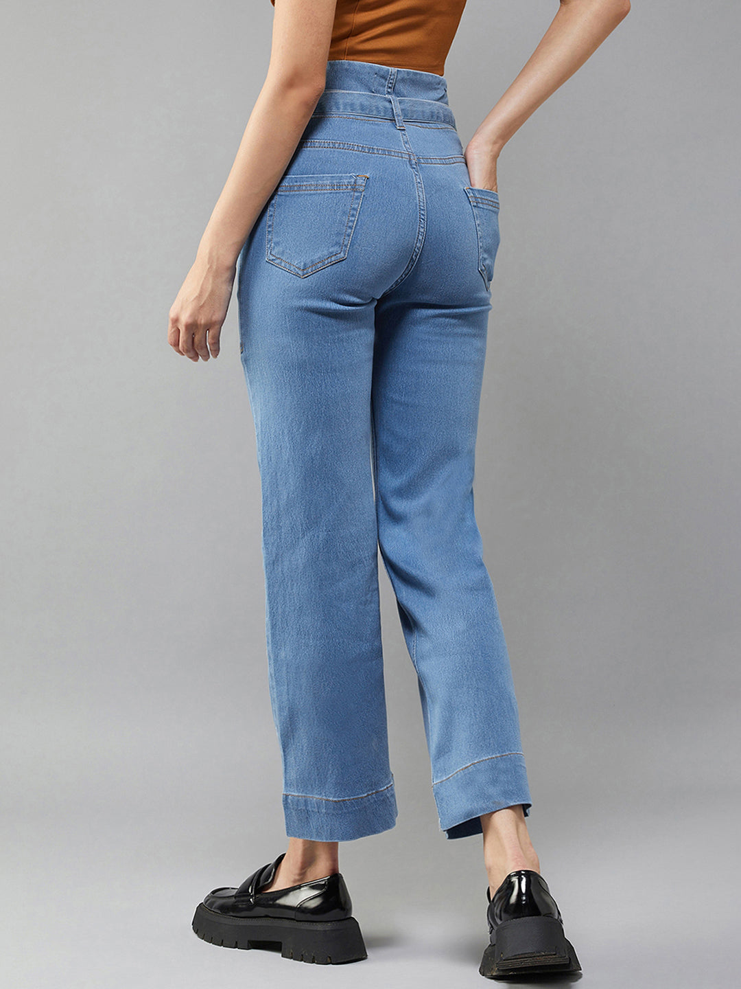 24/7 Comfort Light Blue flared High-Rise Clean-Look Cropped Stretchable Denim Jeans