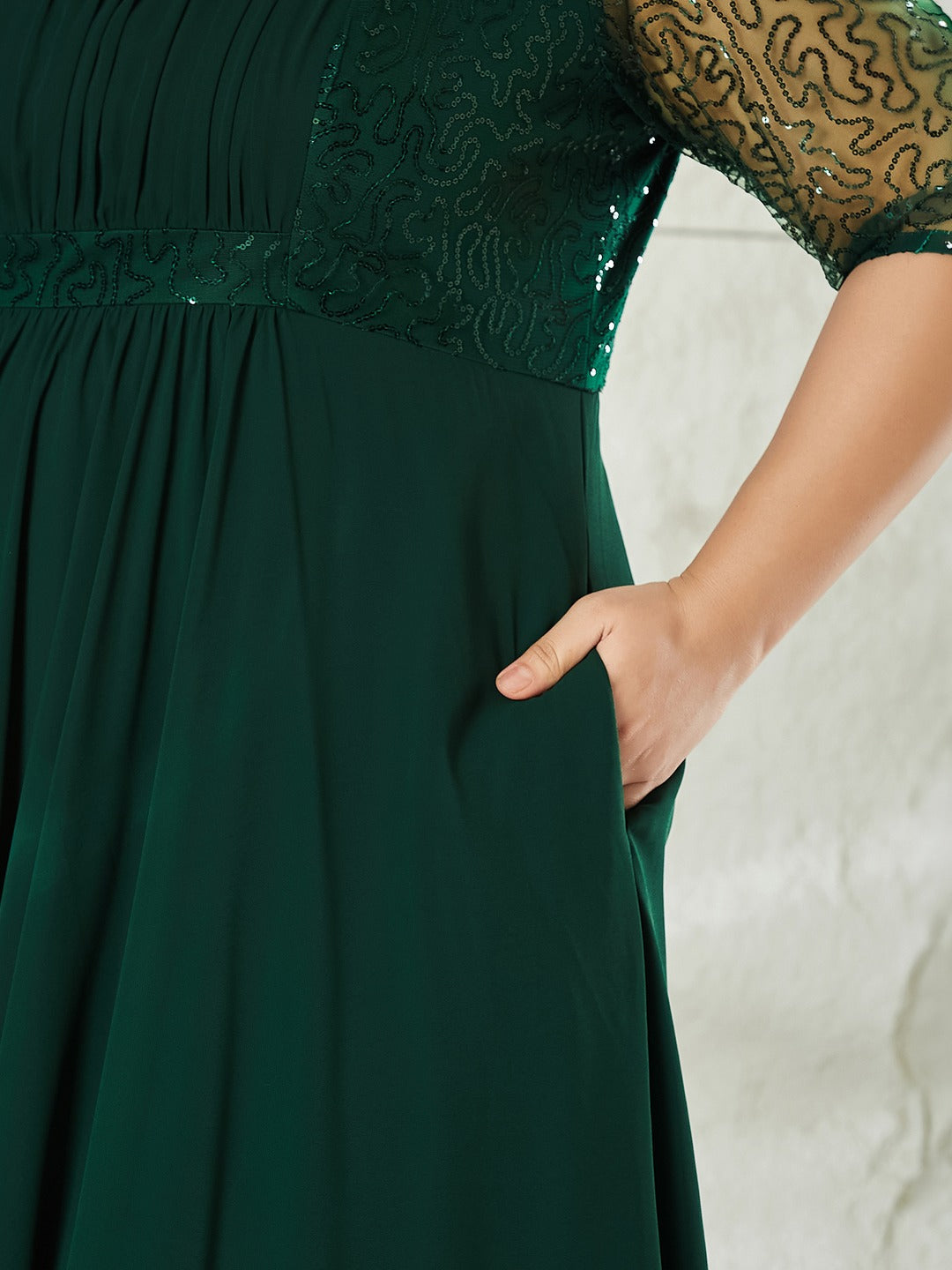 Dark Green Square Neck Half Sleeve Solid Embellished Maxi Dress for Women
