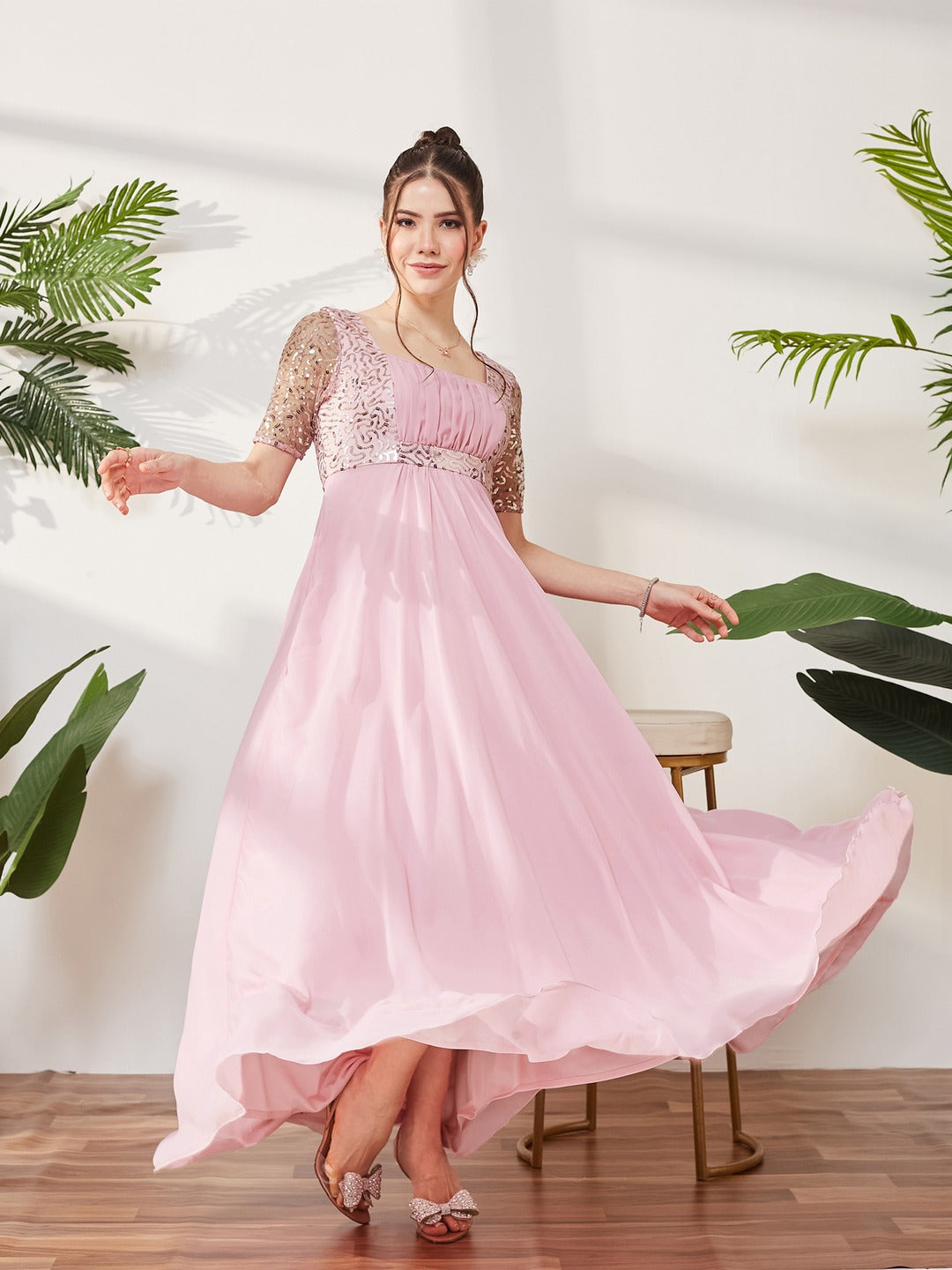 Dusty Pink Square Neck Half Sleeve Solid Embellished Maxi Dress for Women