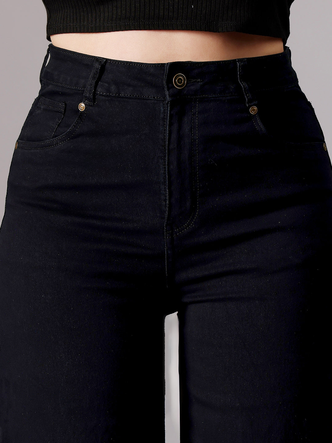 Women's Black High-Rise Clean-Look Stretchable Wide-Leg Denim Jeans