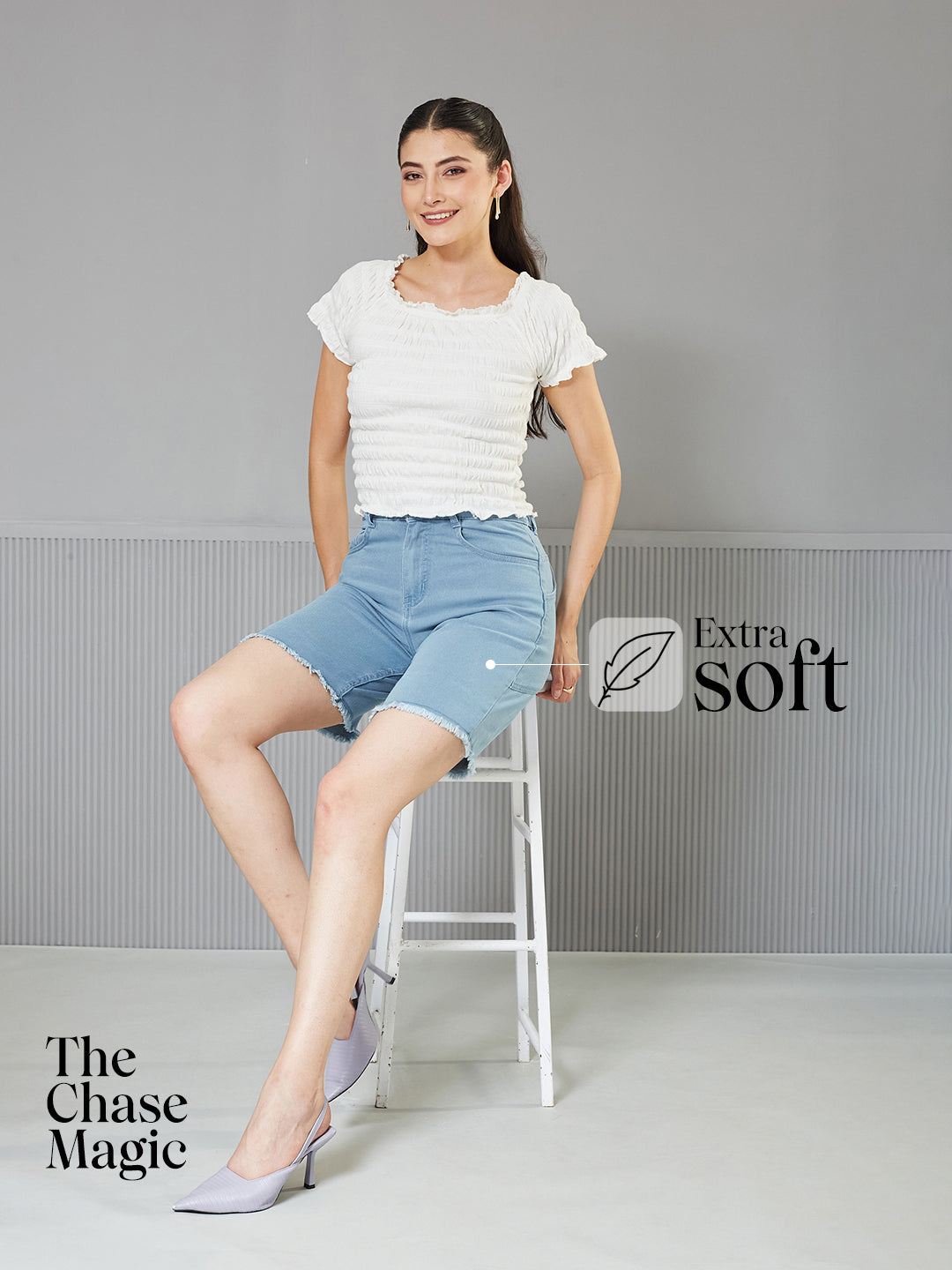 Light-Blue Regular High-Rise Above Knee Stretchable Denim Shorts for Women